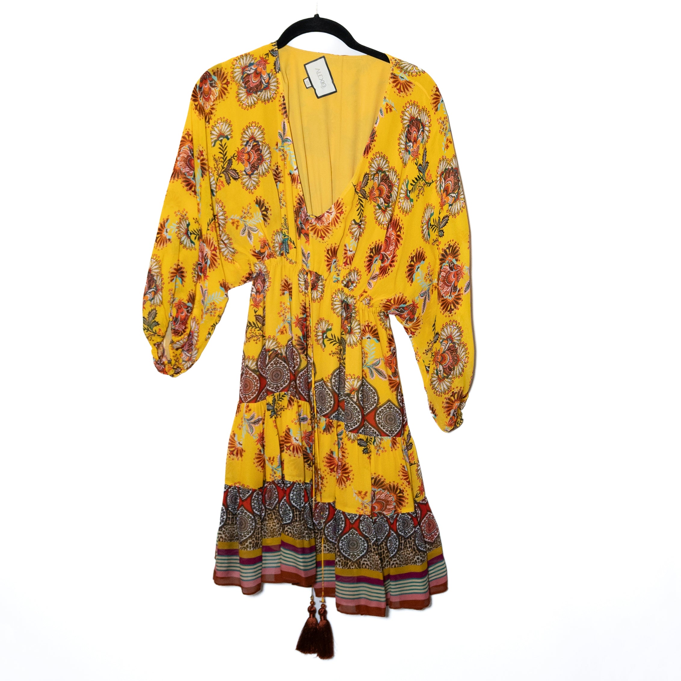 Alexis Holli Chiffon V Neck Tassel Pullover Tiered Mini Dress Amber Bloom Print