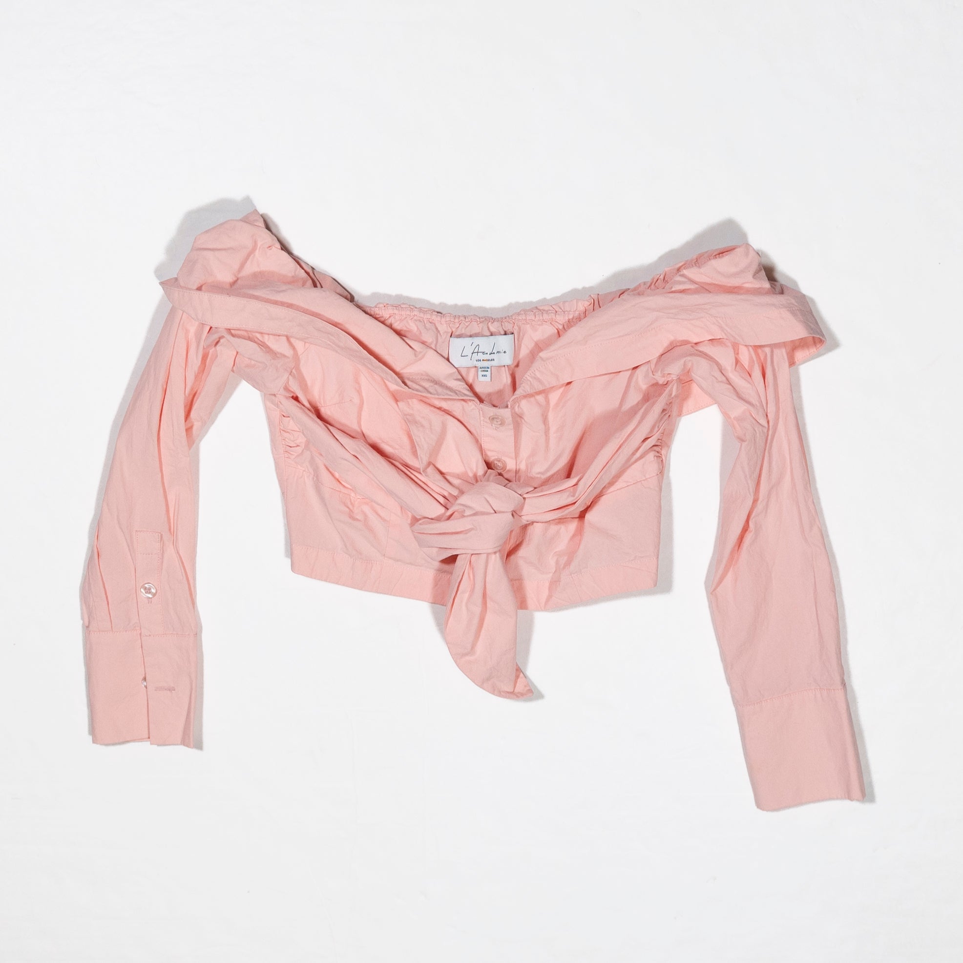 L'Academie Cotton Poplin Off Shoulder Button Front Twist Tie Knit Crop Blouse