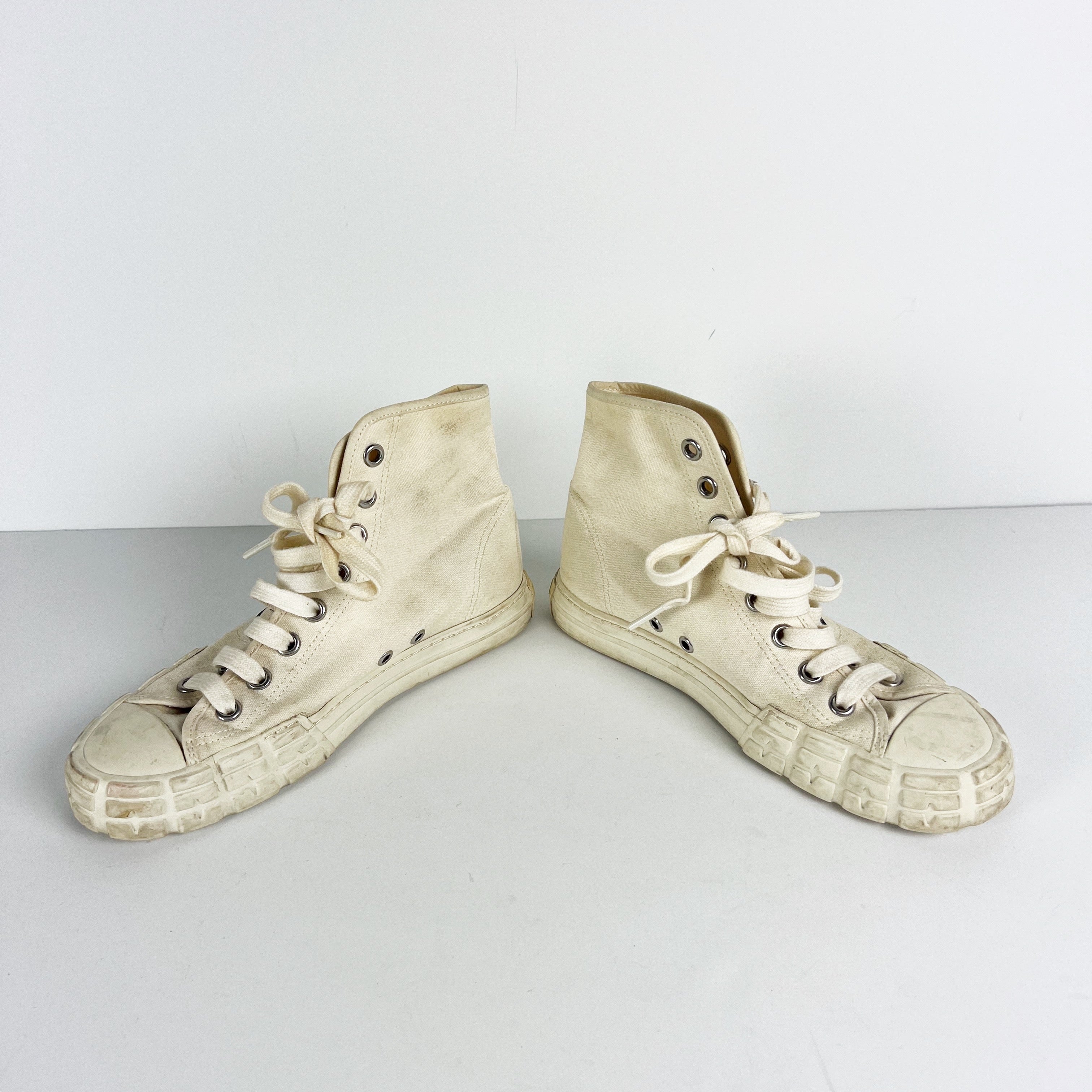 Prada Women's Cotton Canvas High Top Lace Up Flat Casual Sneakers Shoes Ivory