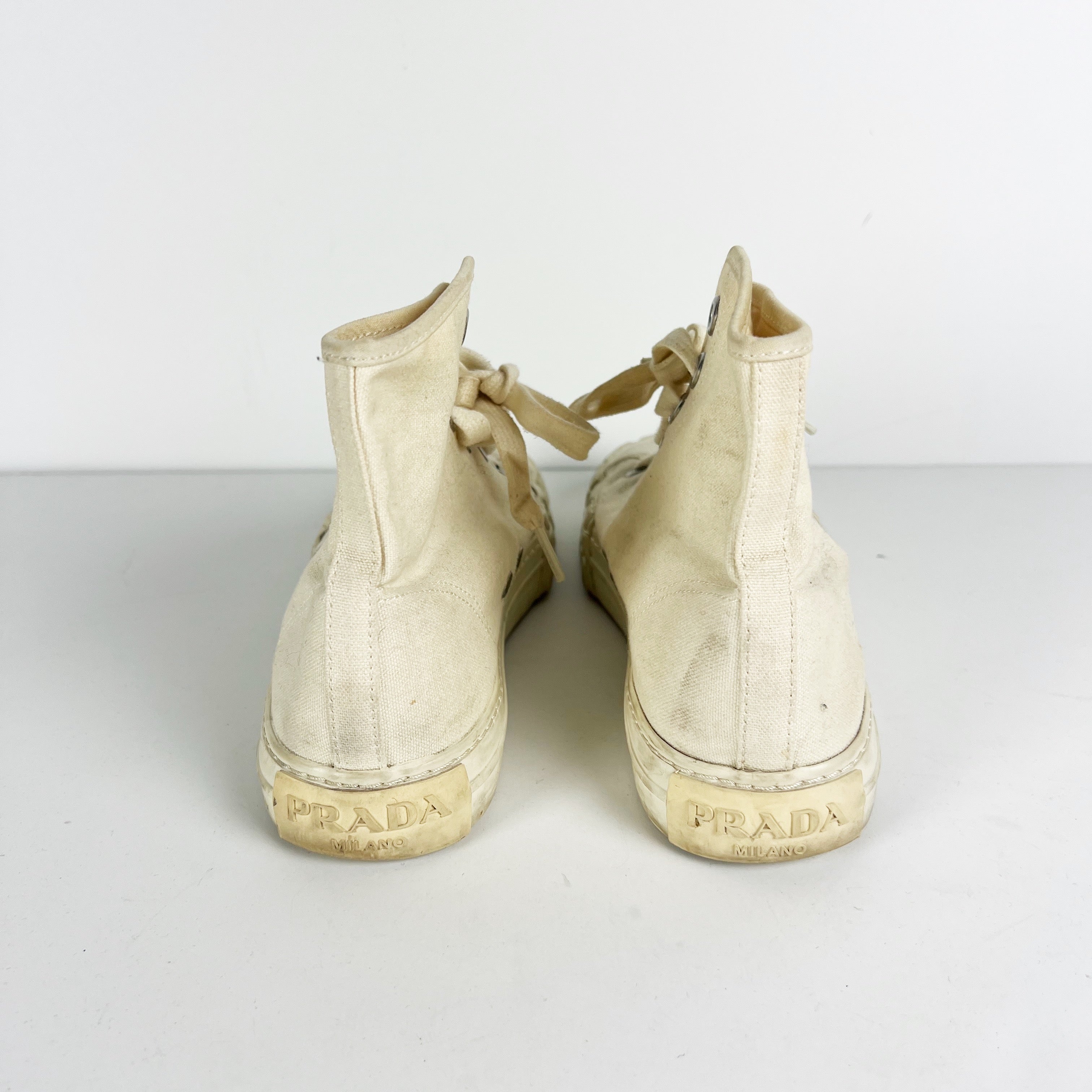 Prada Women's Cotton Canvas High Top Lace Up Flat Casual Sneakers Shoes Ivory