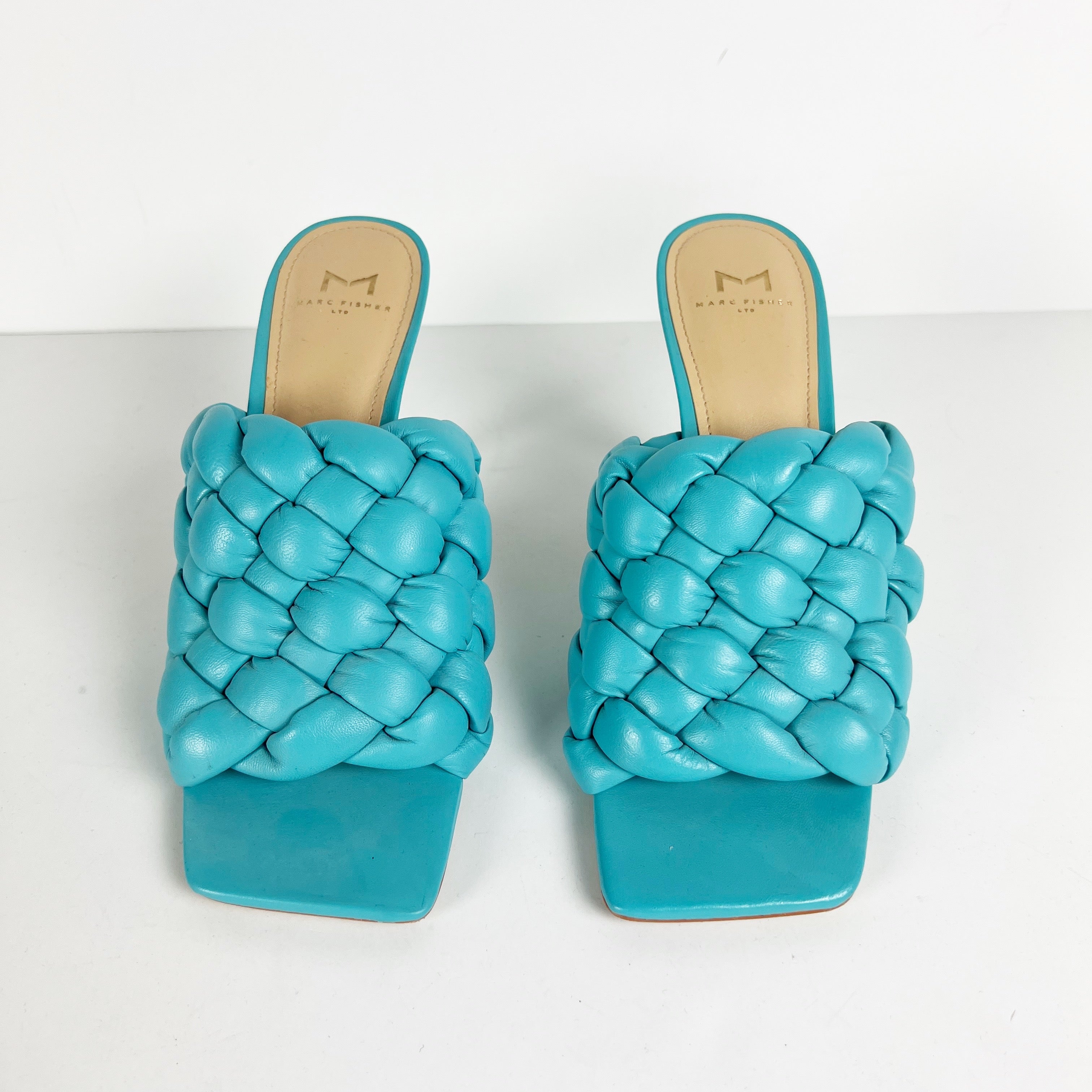 Marc Fisher Dakina Leather Braided Woven Open Toe Slip On High Heels Sandals 8.5