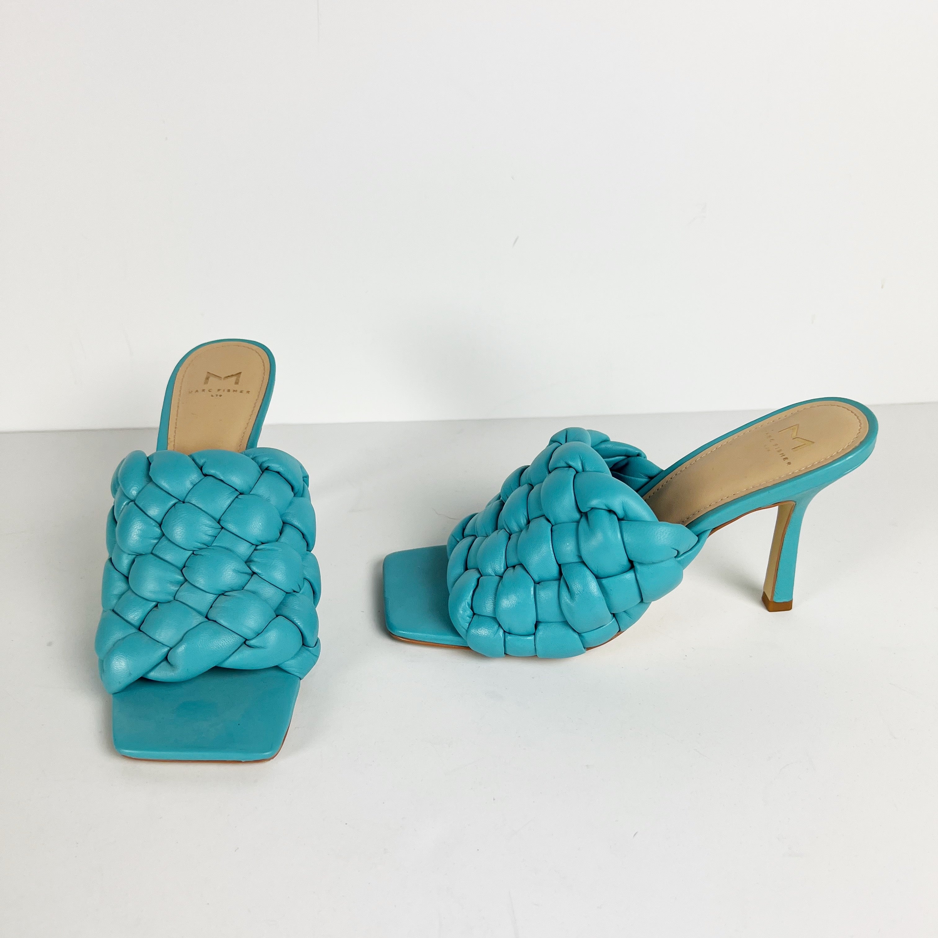 Marc Fisher Dakina Leather Braided Woven Open Toe Slip On High Heels Sandals 8.5