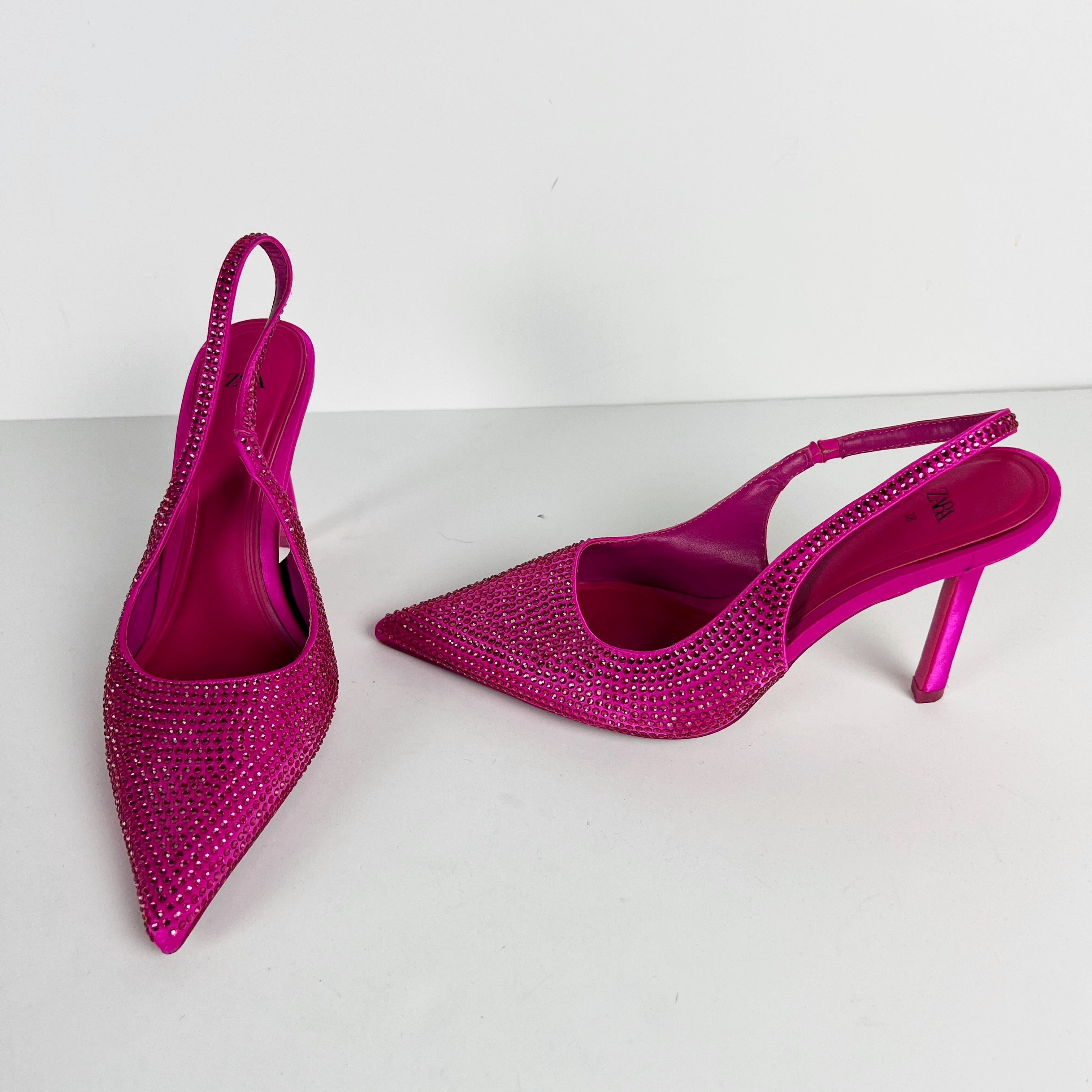 Zara Crystal Rhinestone Jewel Pointed Toe Slingback High Heel Shoes Pink 8