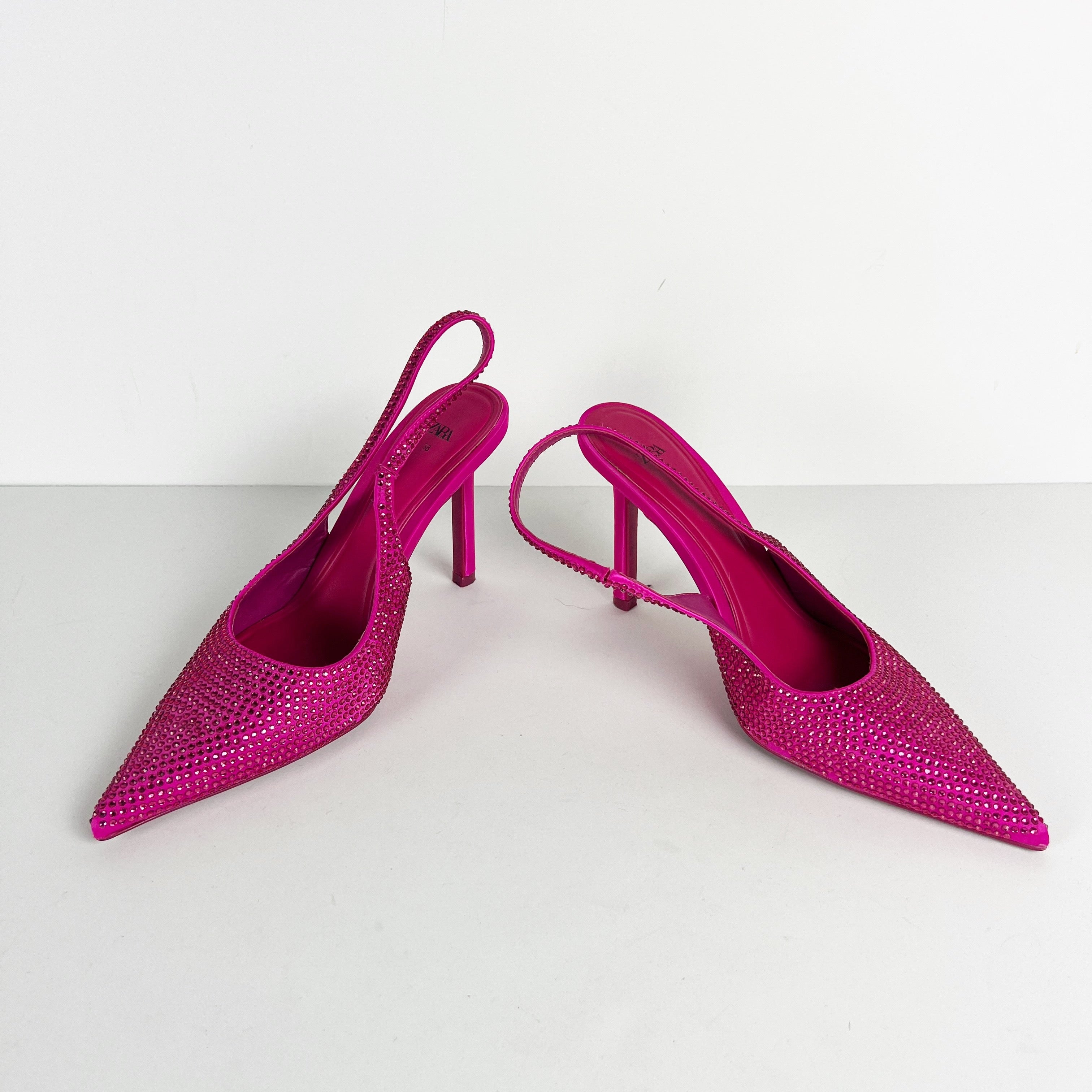 Zara Crystal Rhinestone Jewel Pointed Toe Slingback High Heel Shoes Pink 8