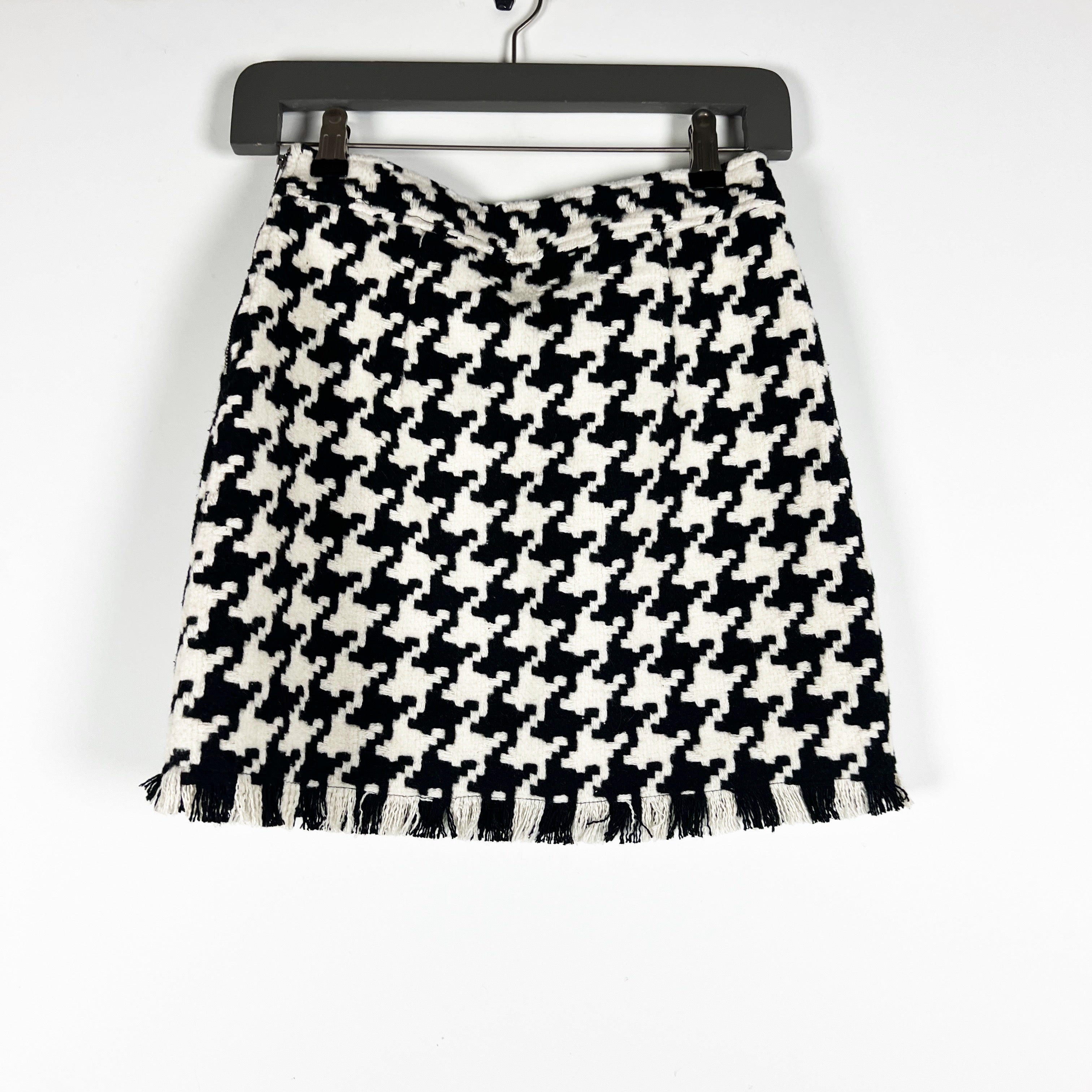Grey Lab Black White Woven Knit Houndstooth Fringe Hem Mini Skirt XS