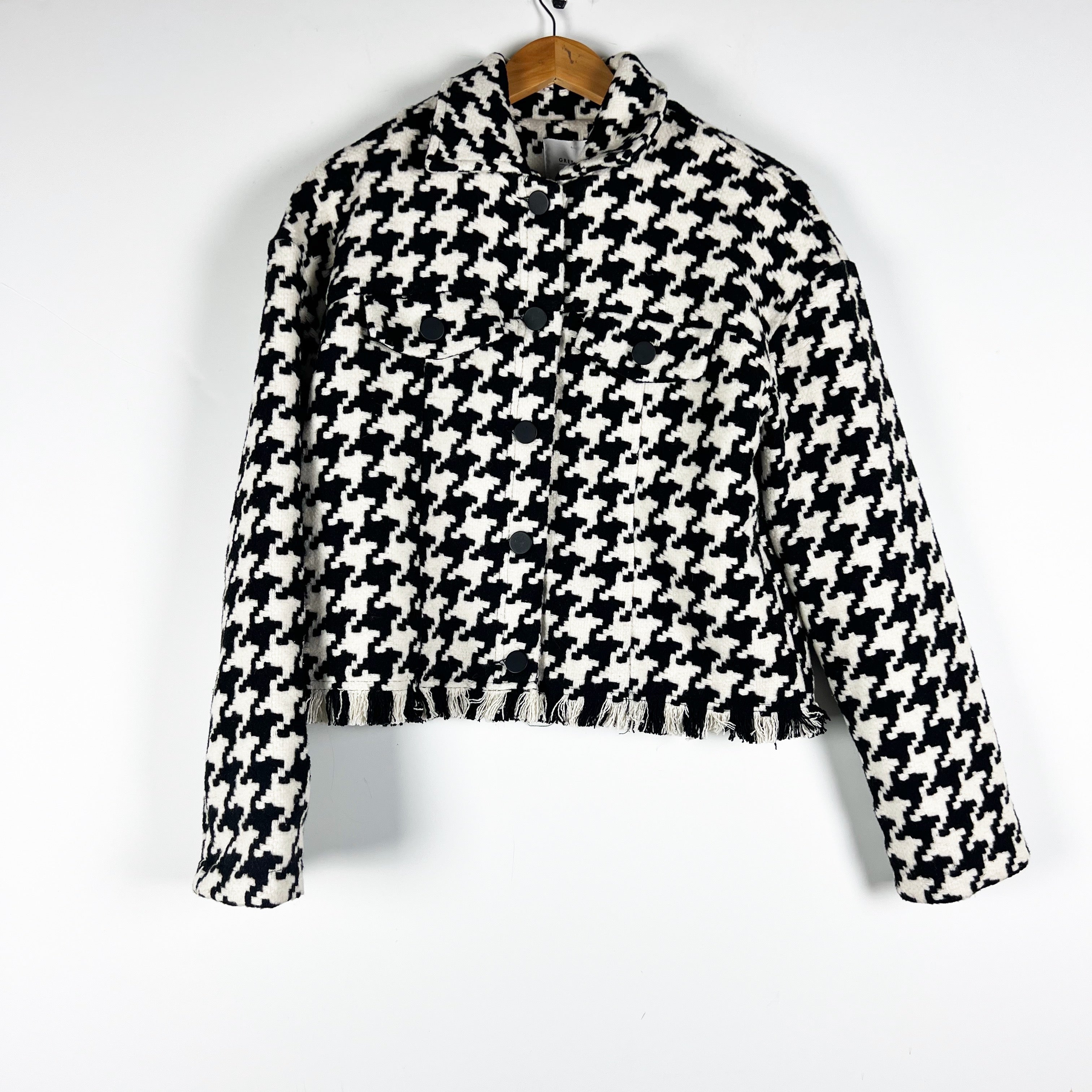 Grey Lab Black White Woven Knit Houndstooth Fringe Hem Button Front Jacket Small