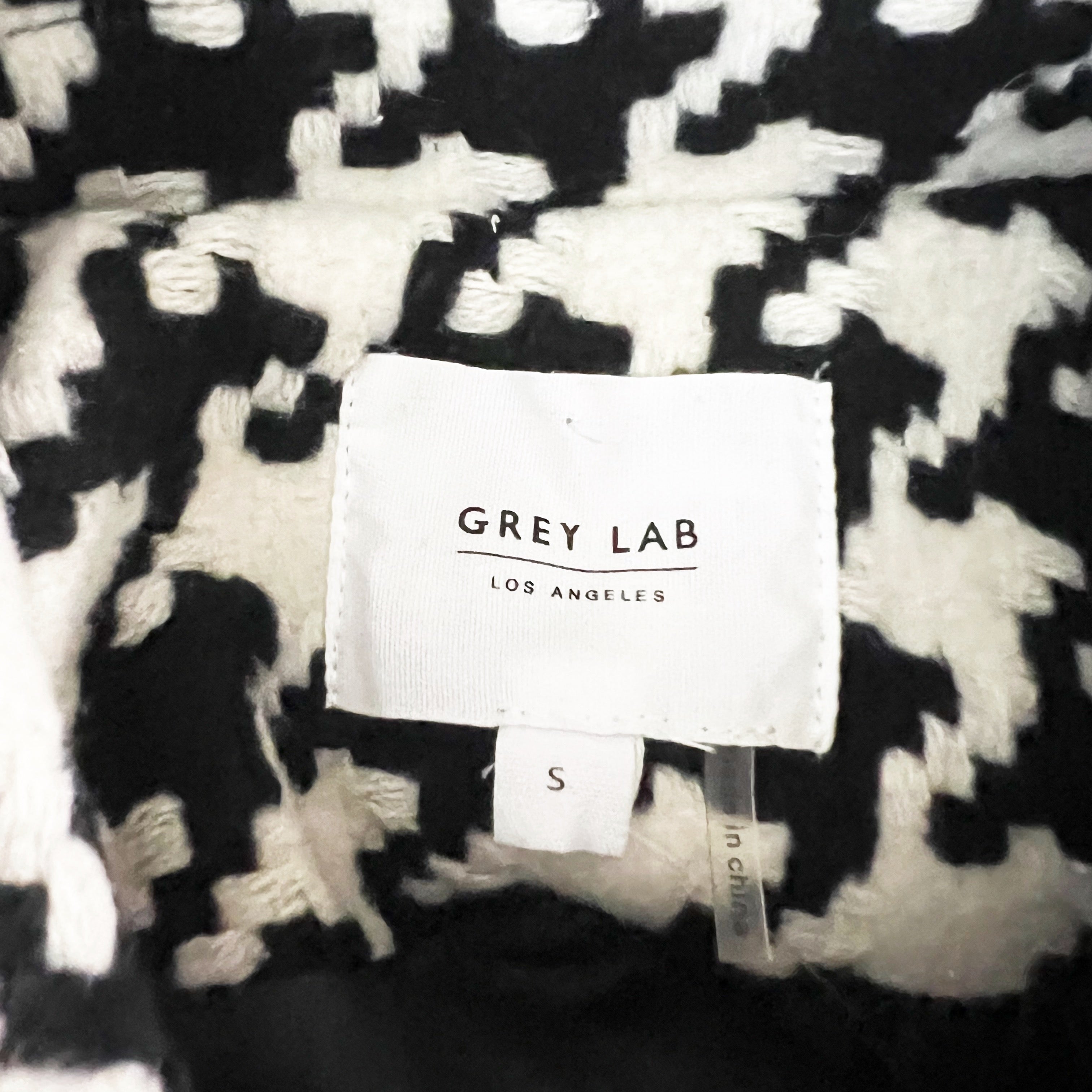 Grey Lab Black White Woven Knit Houndstooth Fringe Hem Button Front Jacket Small