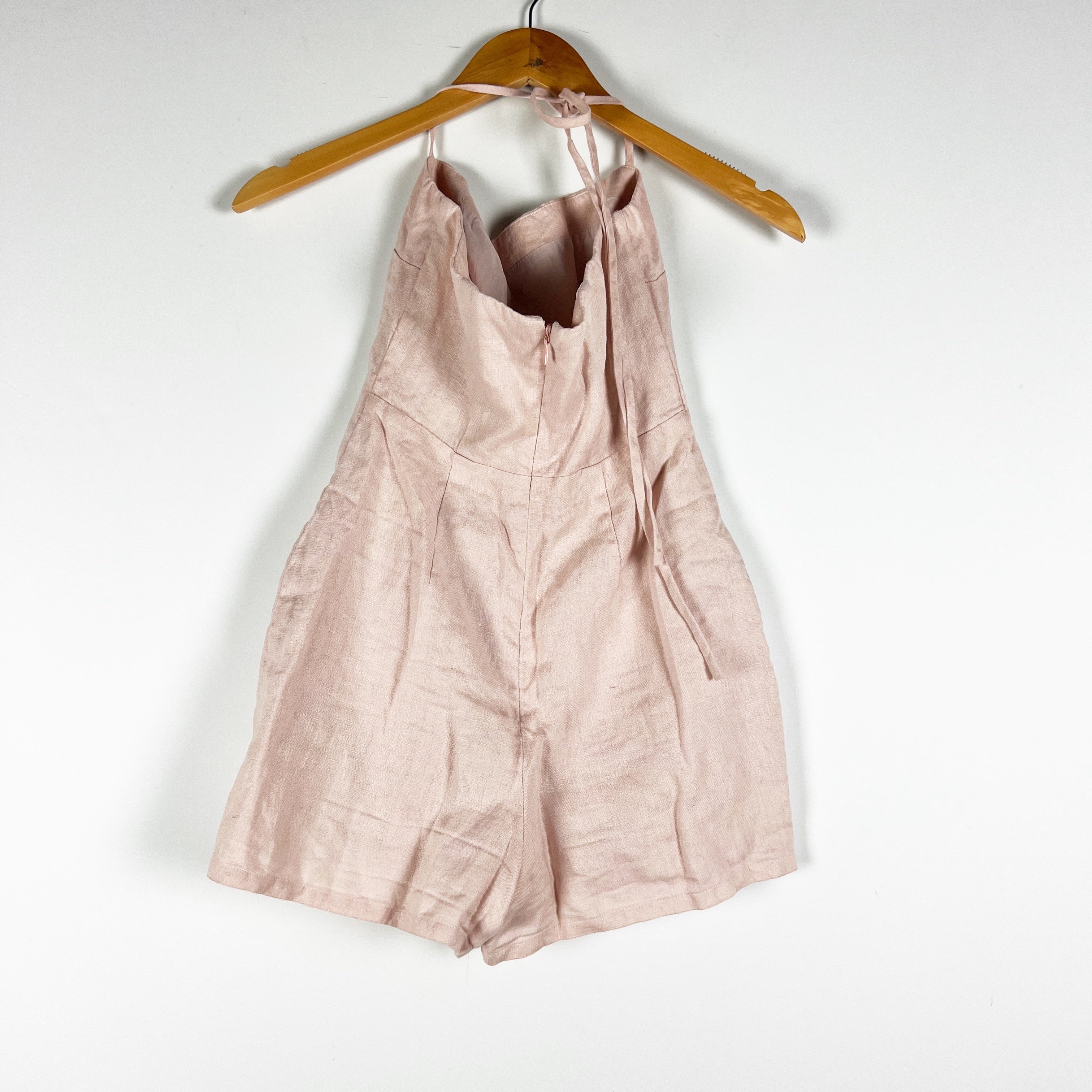 Lovers And Friends Linen Woven Pocket Front Halter Neck Mini Romper Dress Pink