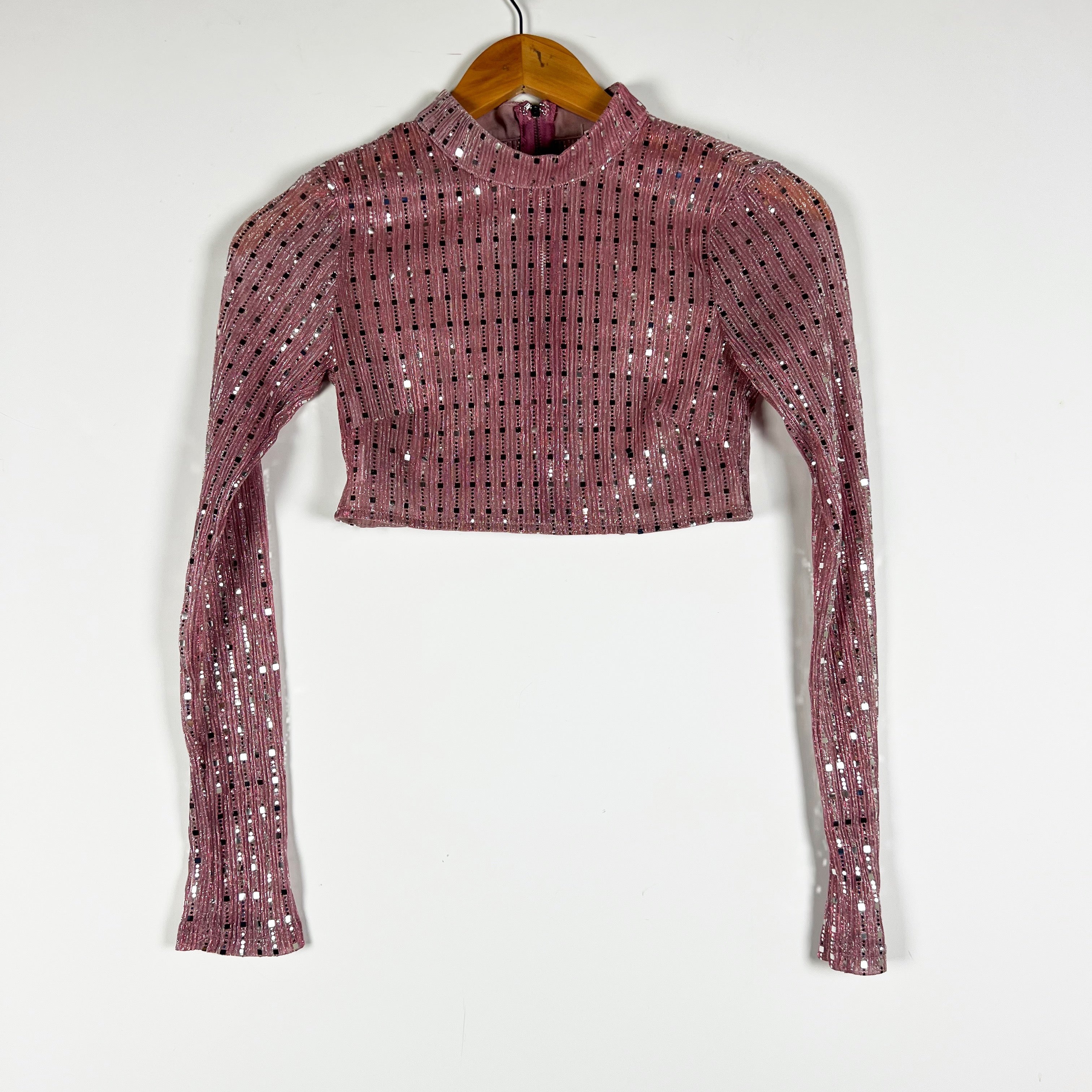 Superdown Sia Sparkle Glitter Embellished Mock Neck Long Sleeve Crop Top Pink XS