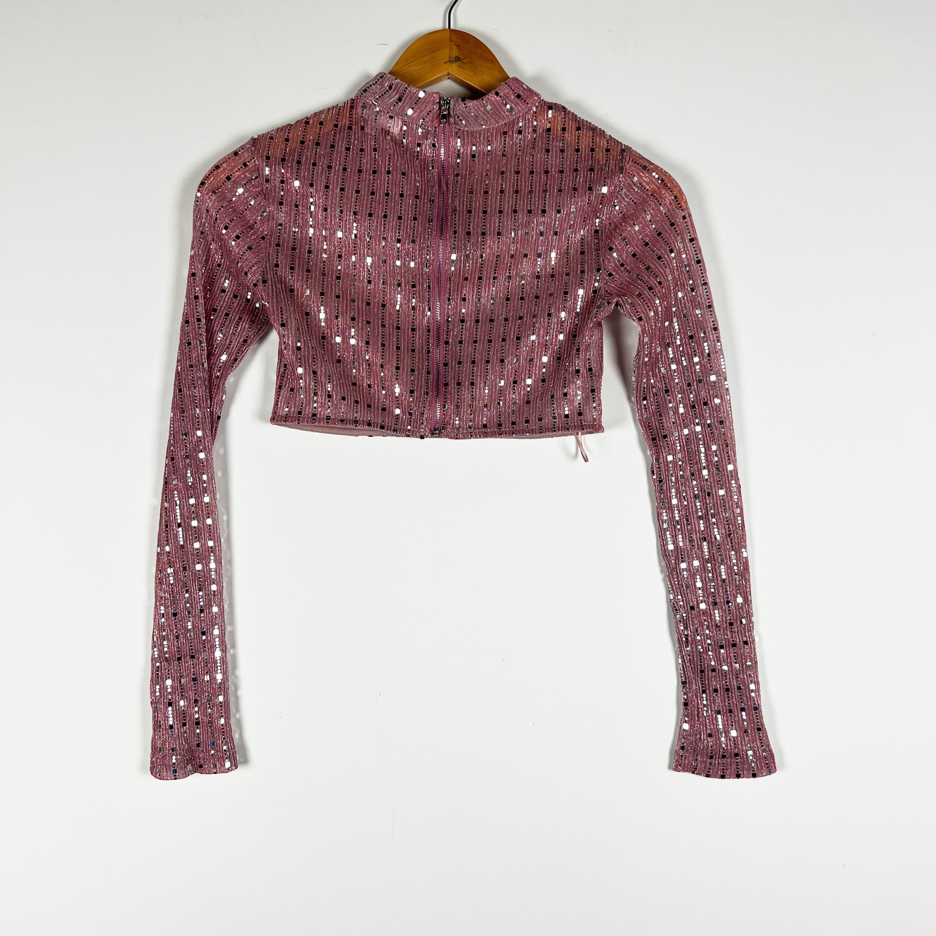 Superdown Sia Sparkle Glitter Embellished Mock Neck Long Sleeve Crop Top Pink XS