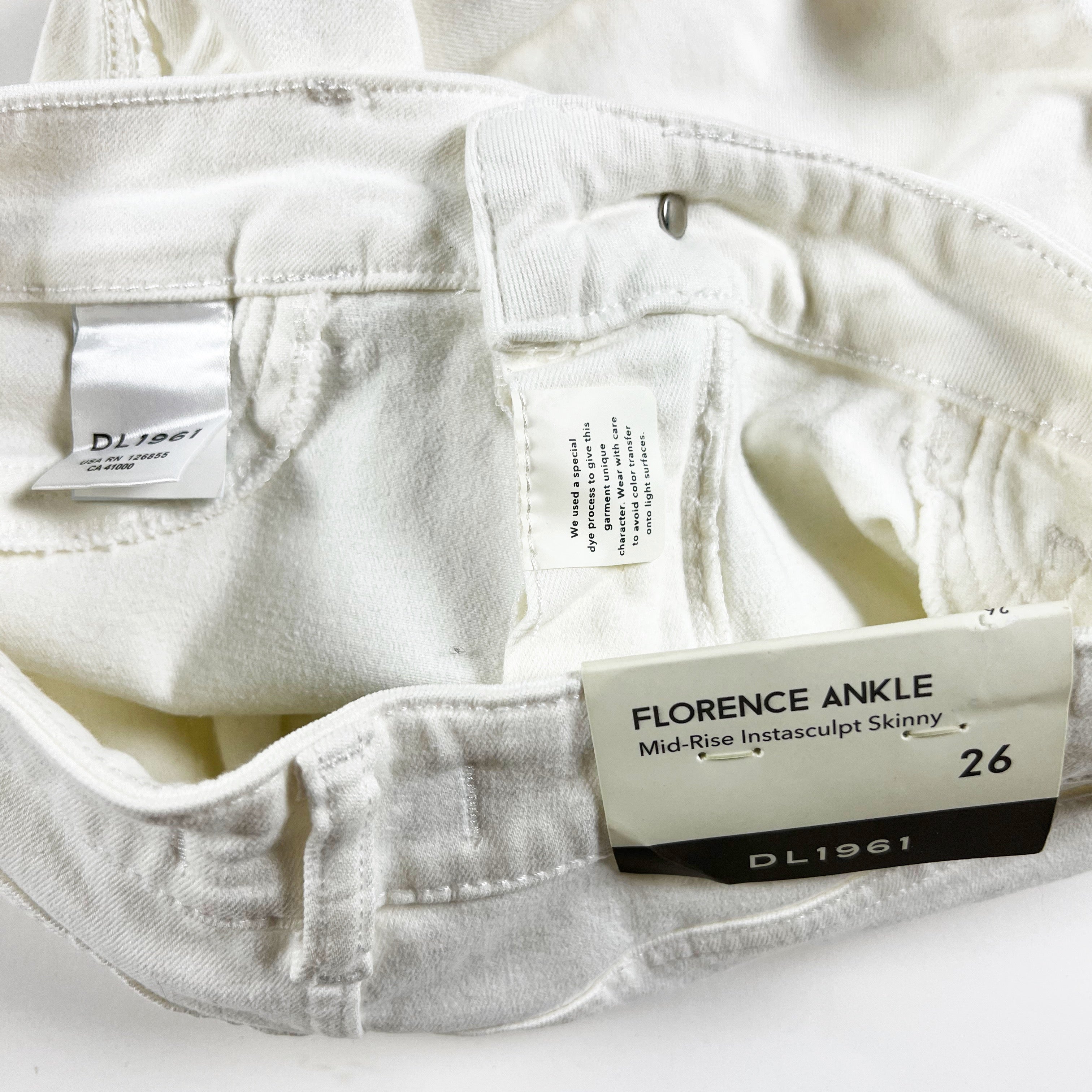 NEW DL1961 Florence Ankle Cotton Stretch Skinny Denim Jeans Milk White Wash 26