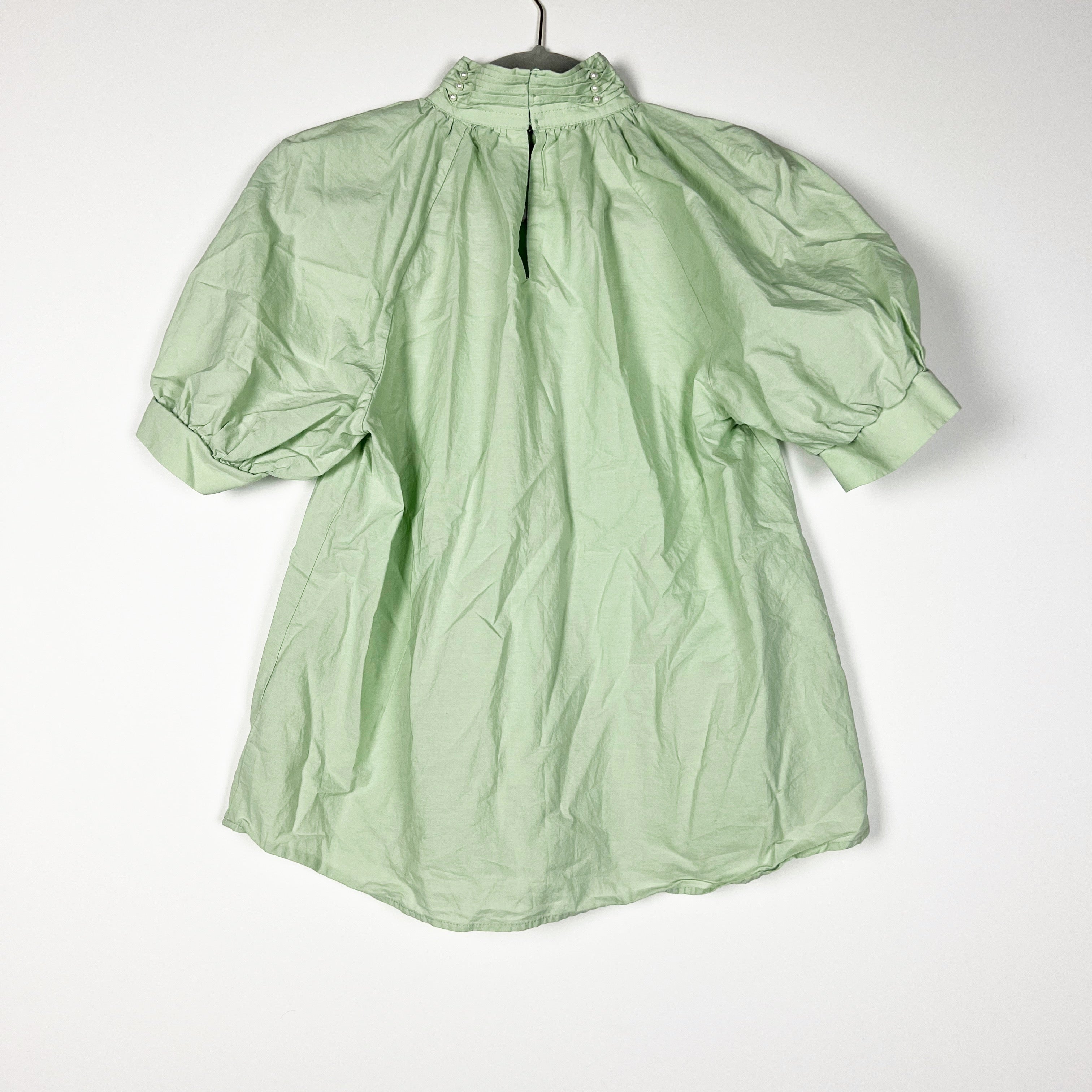 Zara Cotton Poplin Pearl Beaded Embellished High Neck Puff Sleeve Blouse Shirt