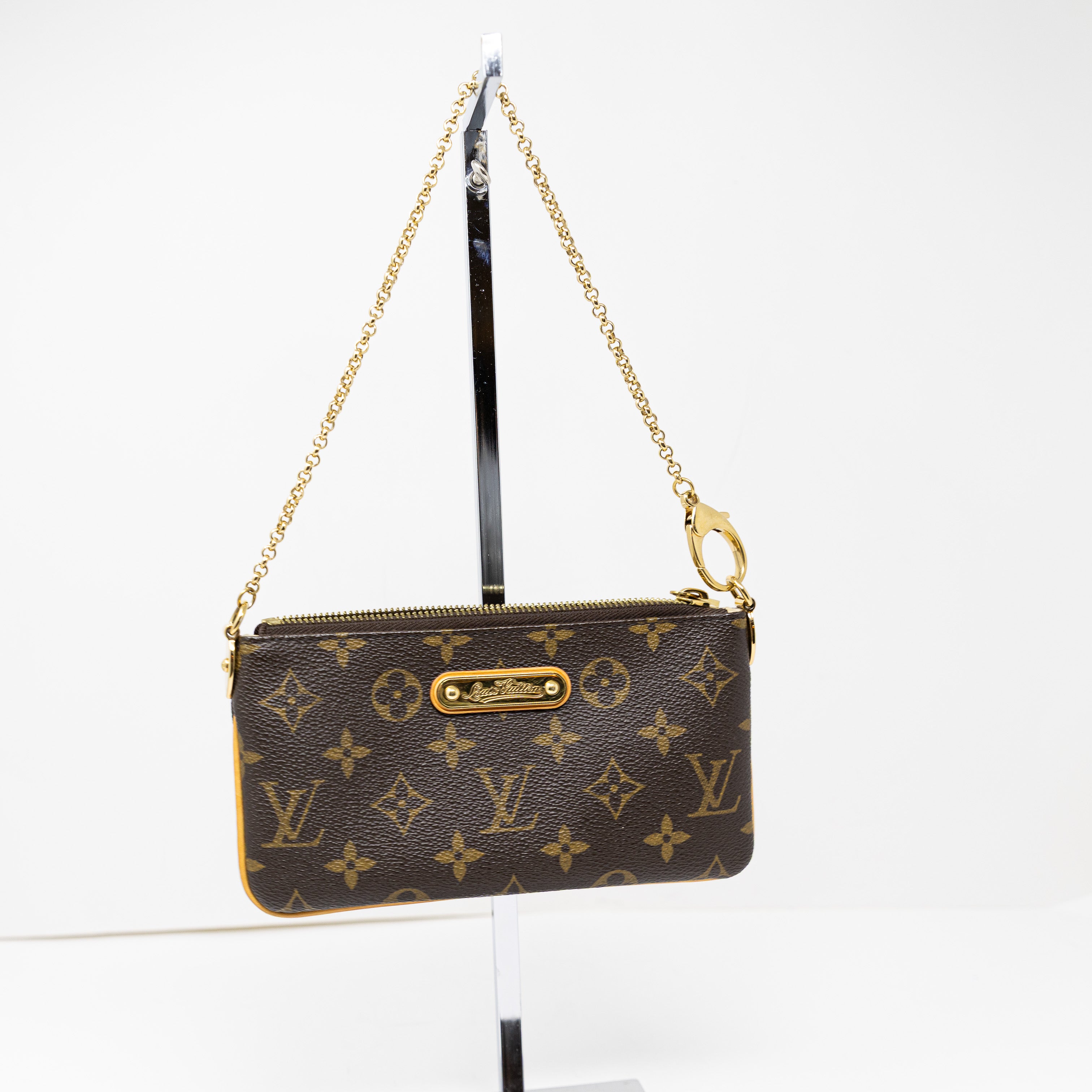 Louis Vuitton LV Monogram Pochette Milla Coated Canvas Clutch Purse Bag Brown 