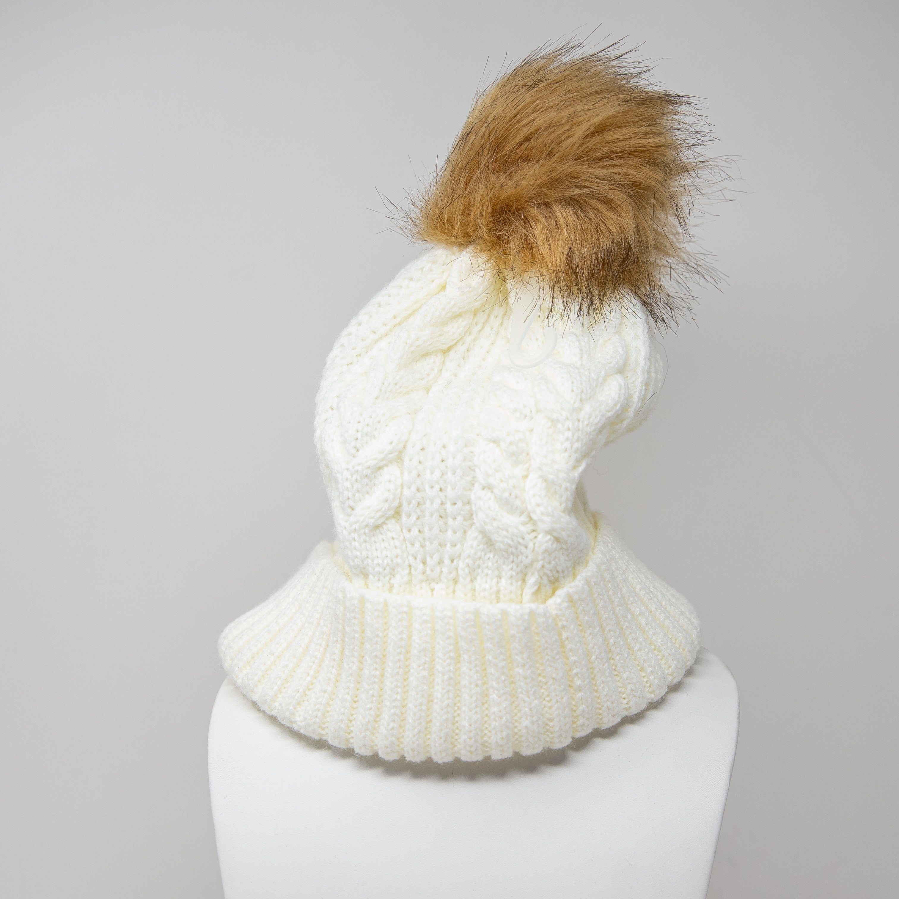 J. Crew Cable Knit Stretch Faux Vegan Pom Pom Beanie Hat Ivory One Size