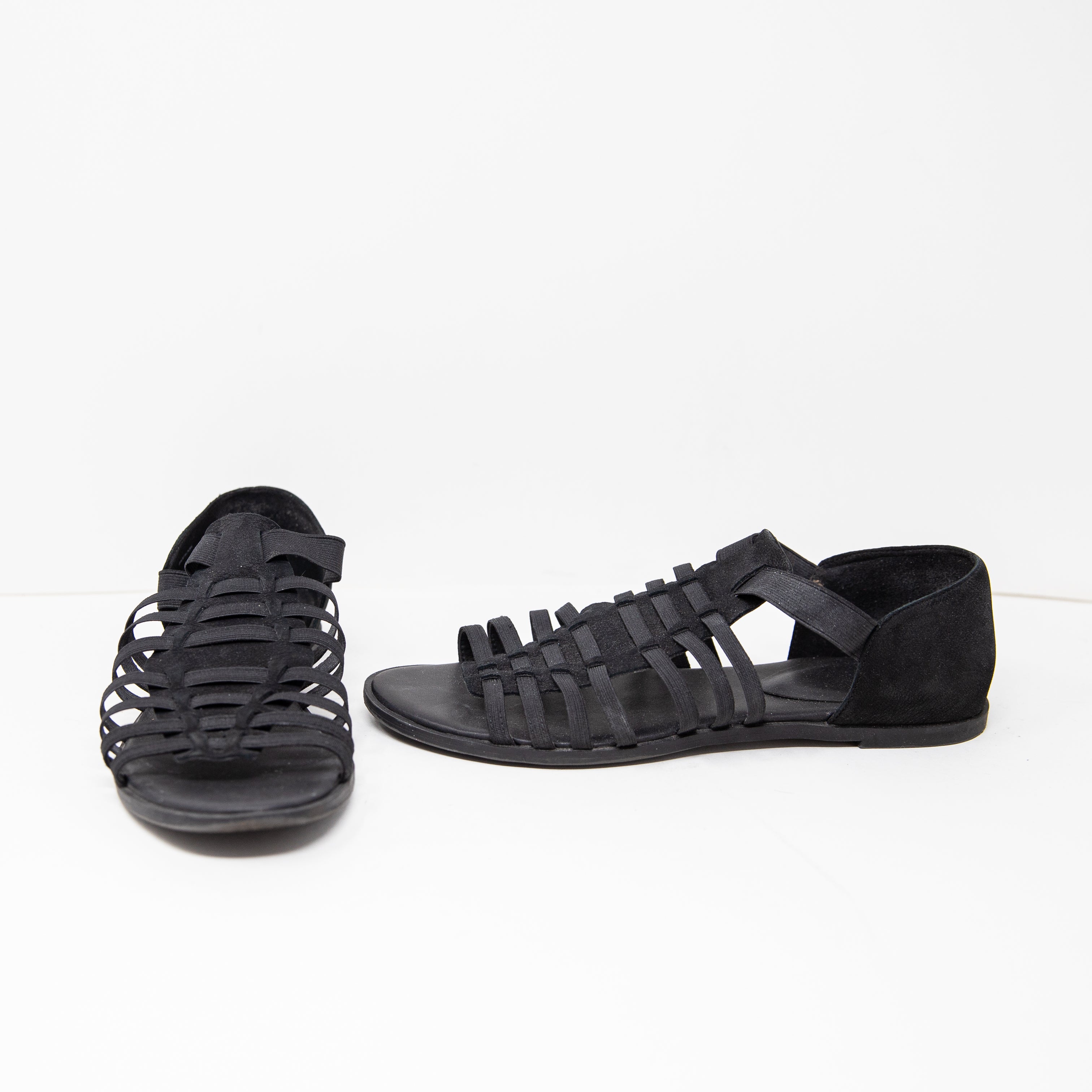 Eileen Fisher Tumbled Leather Open Toe Flat Slip On Fisherman Sandals Shoe Black