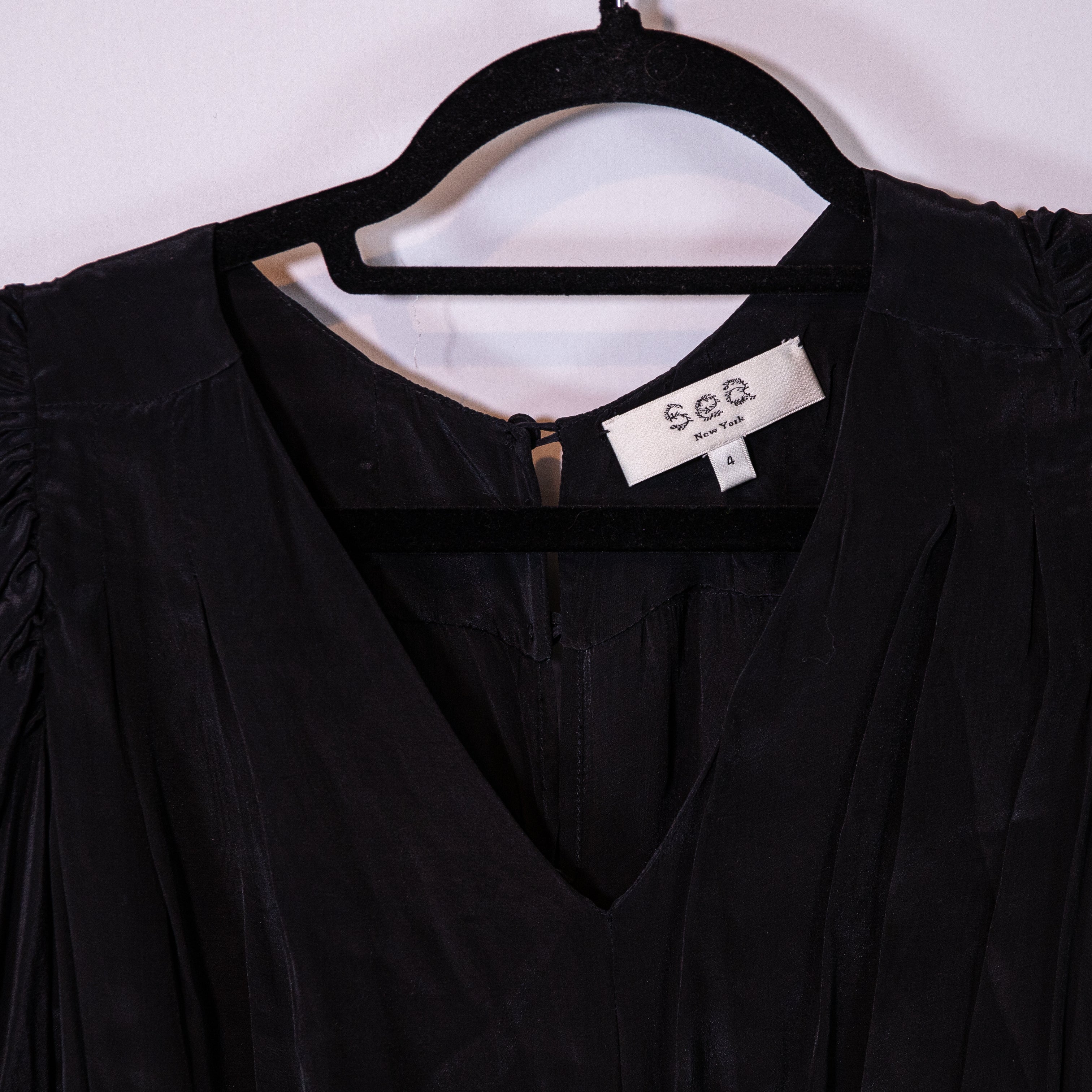 SEA New York Silk Chiffon Ruched Half Sleeve V Neck Pullover Midi Dress Black 4