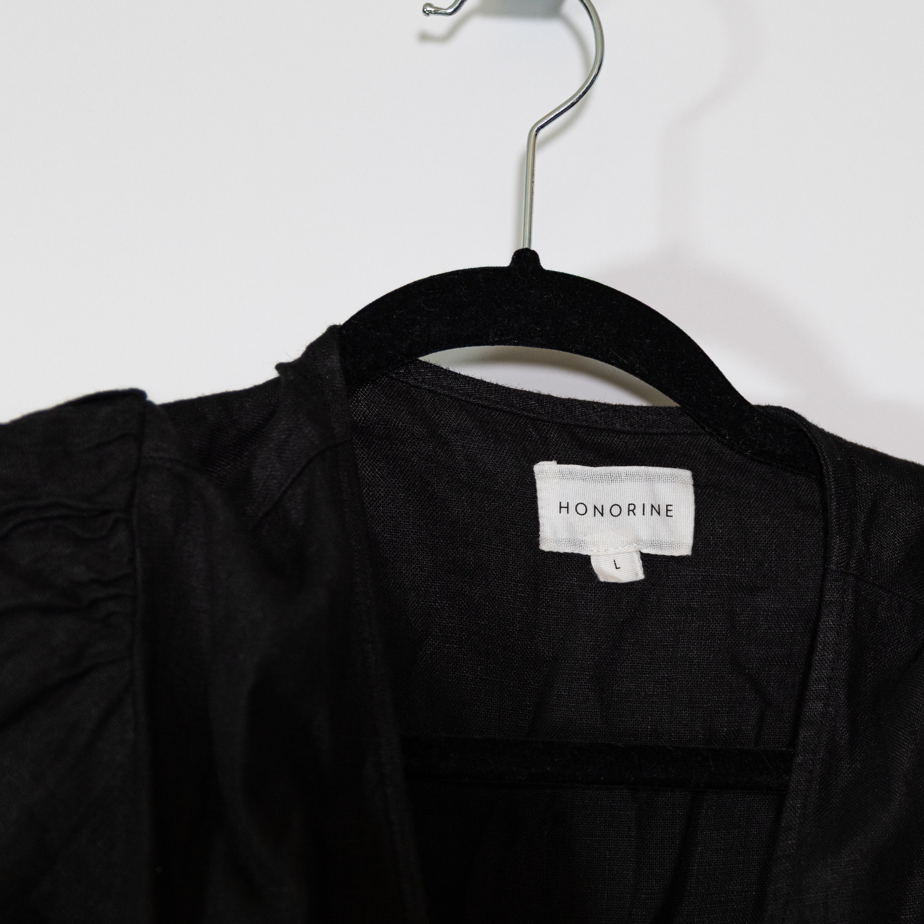 Honorine Linen Short Sleeve V Neck Wrap Midi Dress Solid Black Large