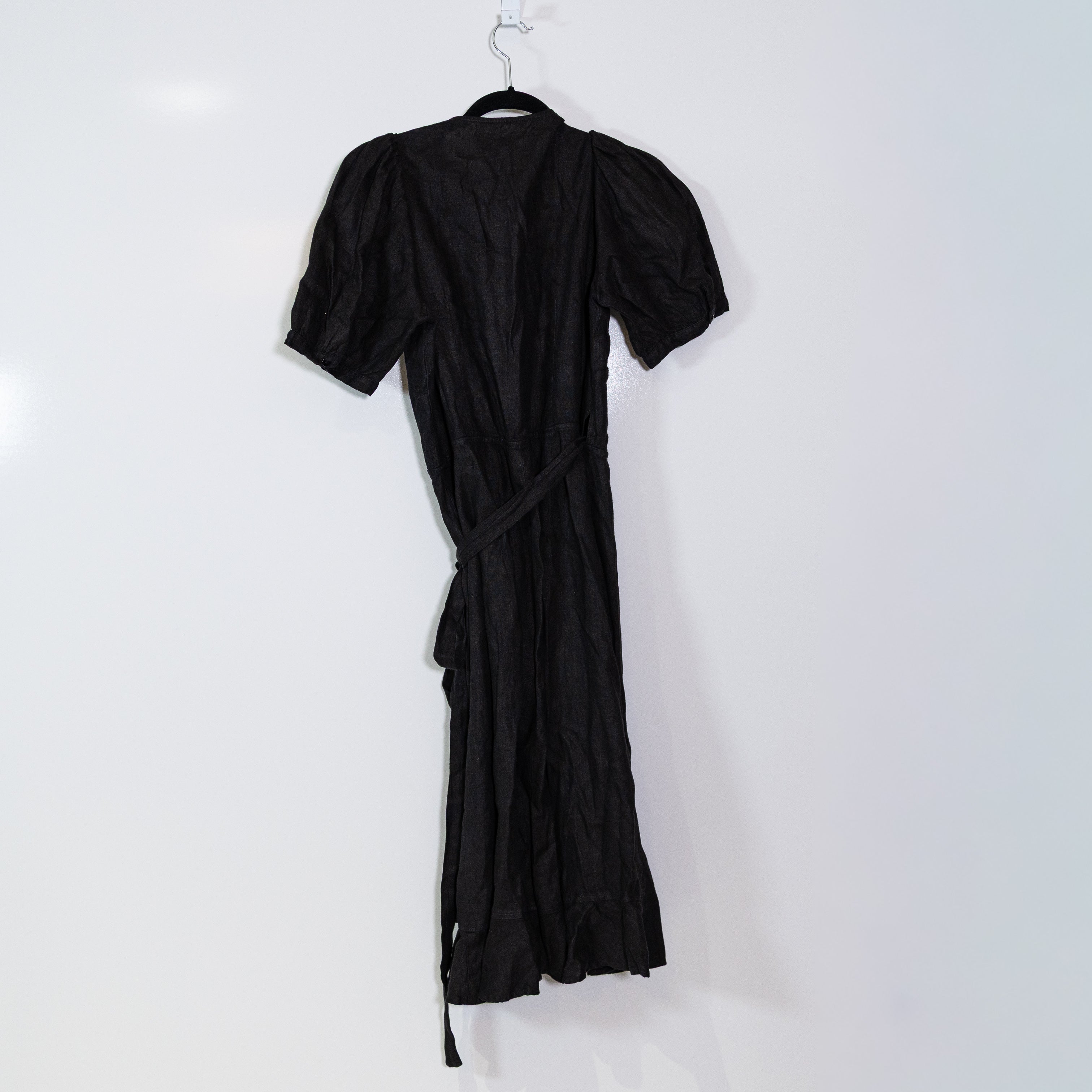 Honorine Linen Short Sleeve V Neck Wrap Midi Dress Solid Black Large