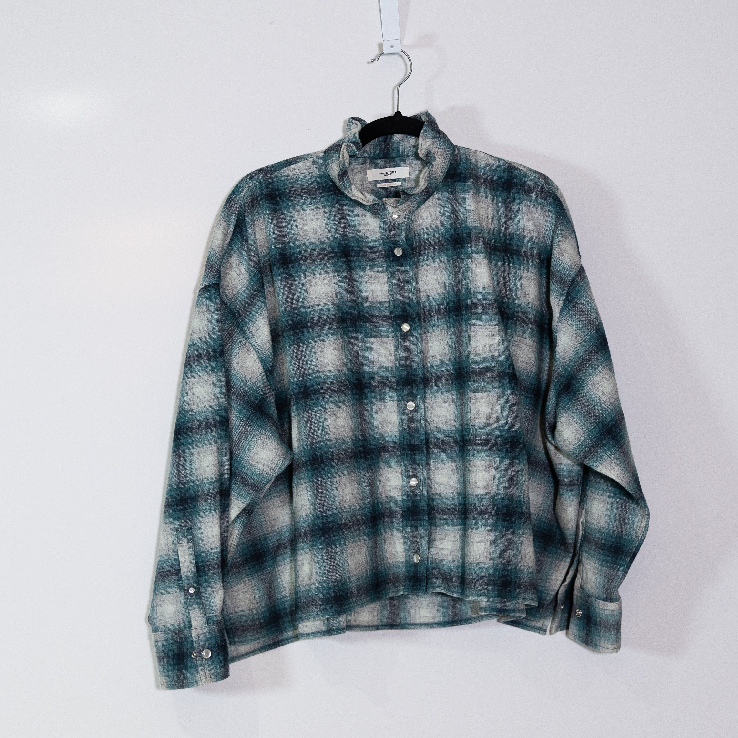 Isabel Marant Rilaria Wool Blend Collared Button Front Blue White Plaid Shirt 8