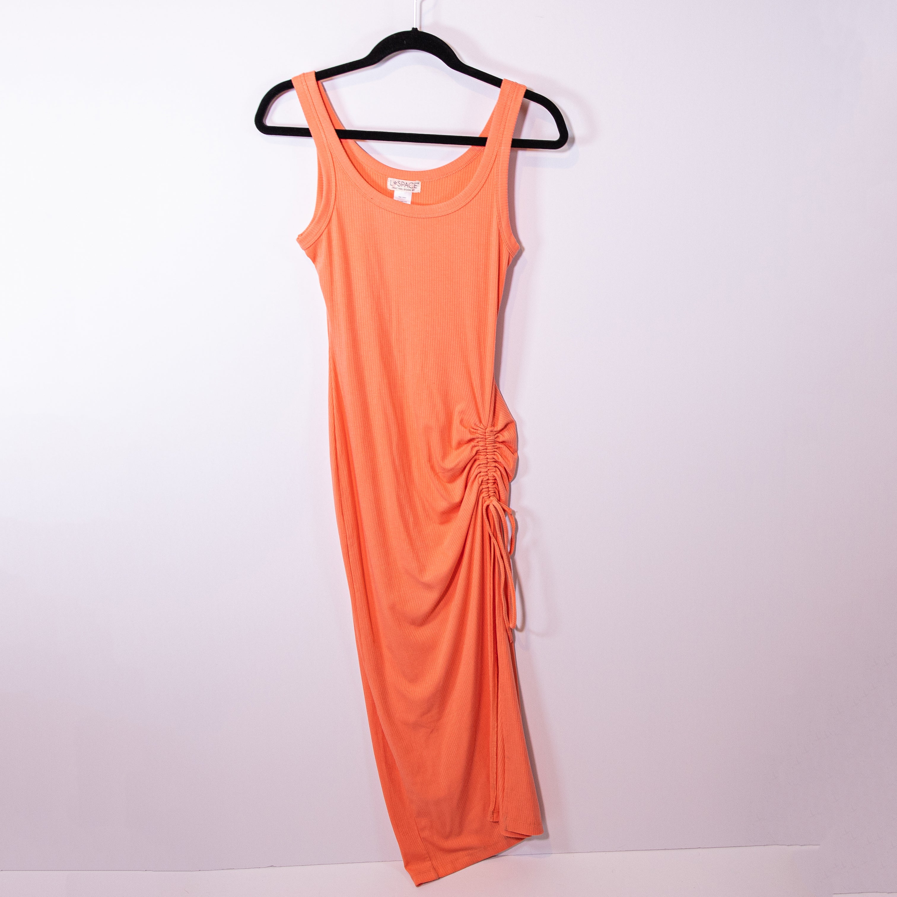 L*SPACE Sandpiper Ribbed Knit Stretch Ruched Side Tie Midi Dress Putty Orange XS