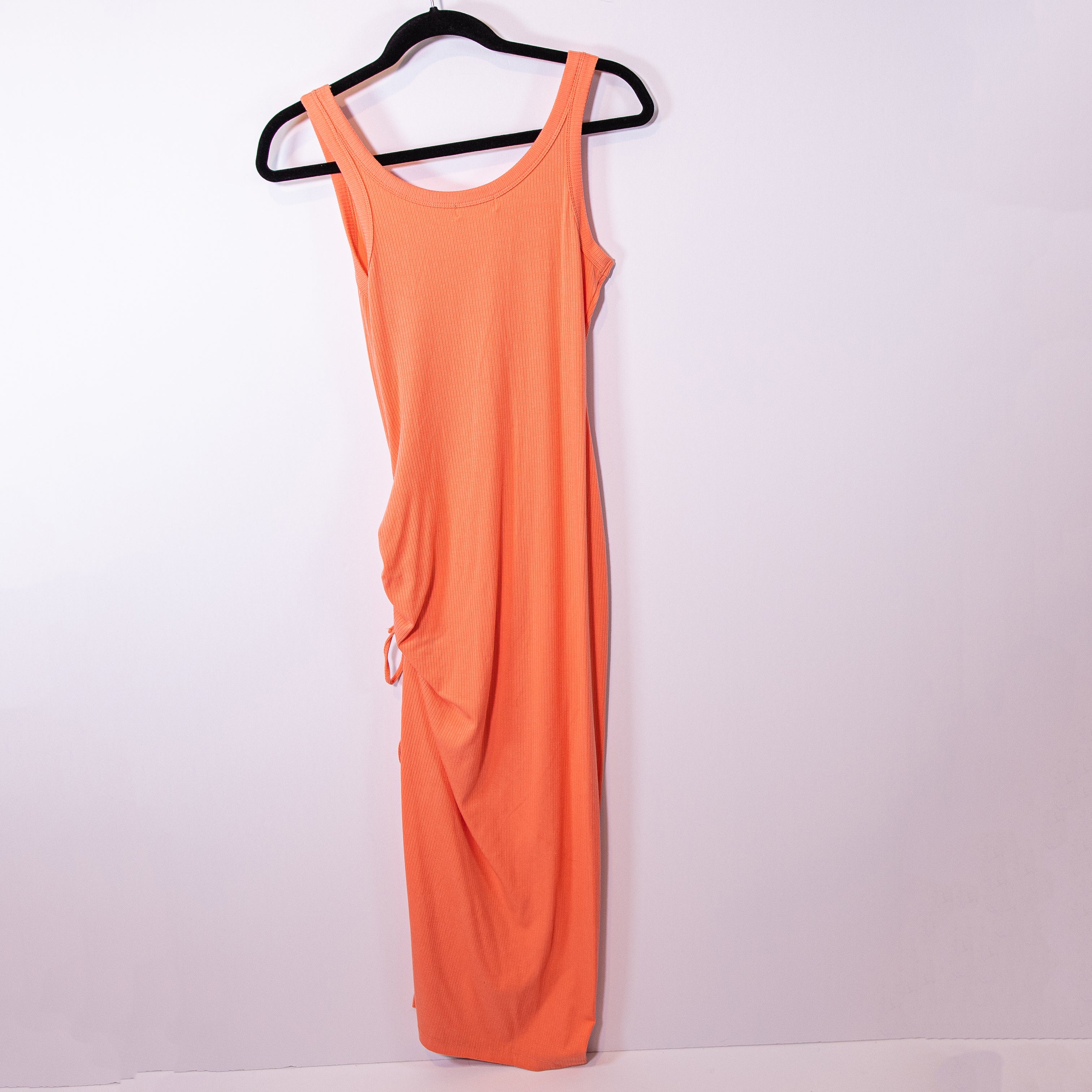 L*SPACE Sandpiper Ribbed Knit Stretch Ruched Side Tie Midi Dress Putty Orange XS
