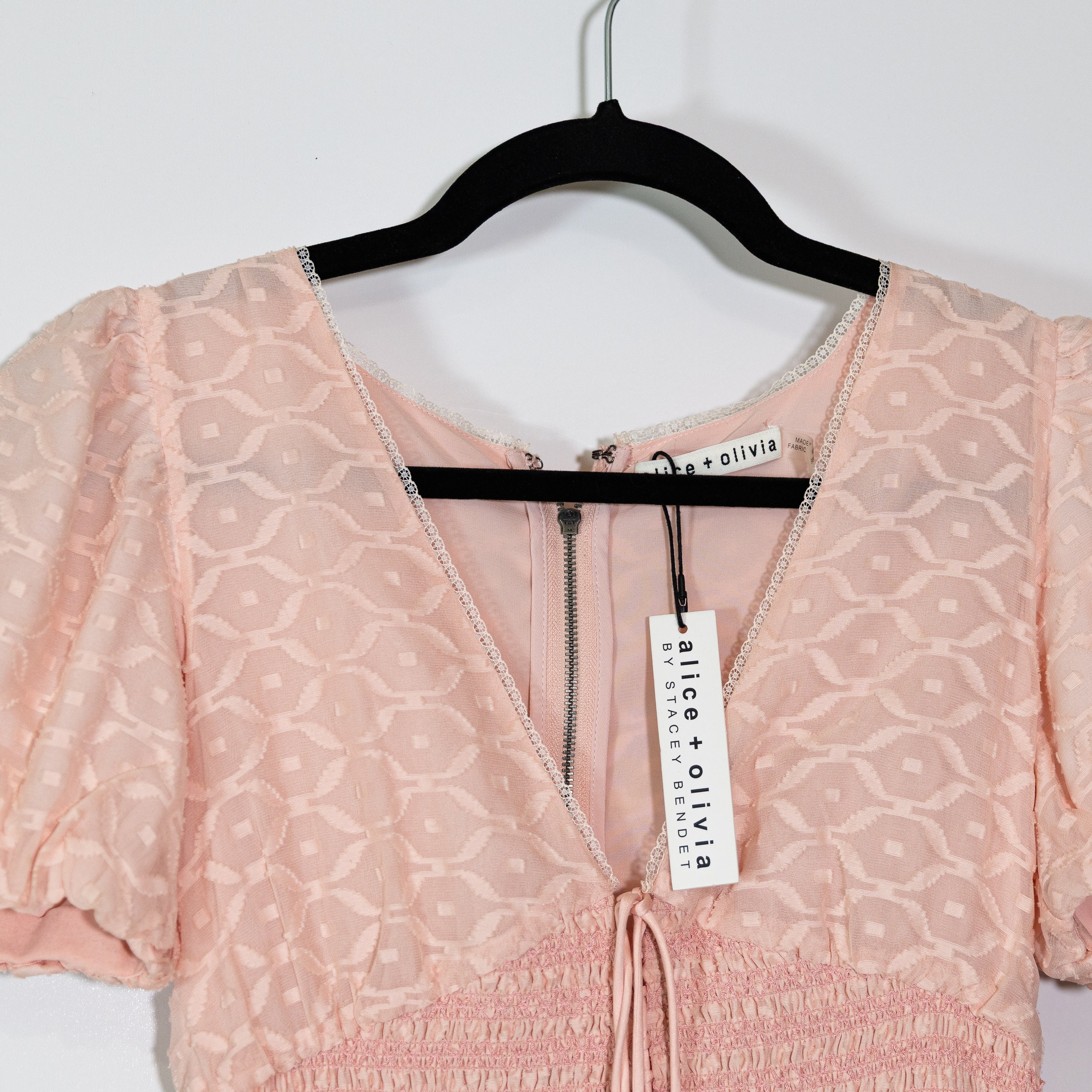 NEW Alice + Olivia Tia Puff Sleeved Silk Chiffon Smocked Dress English Rose Pink