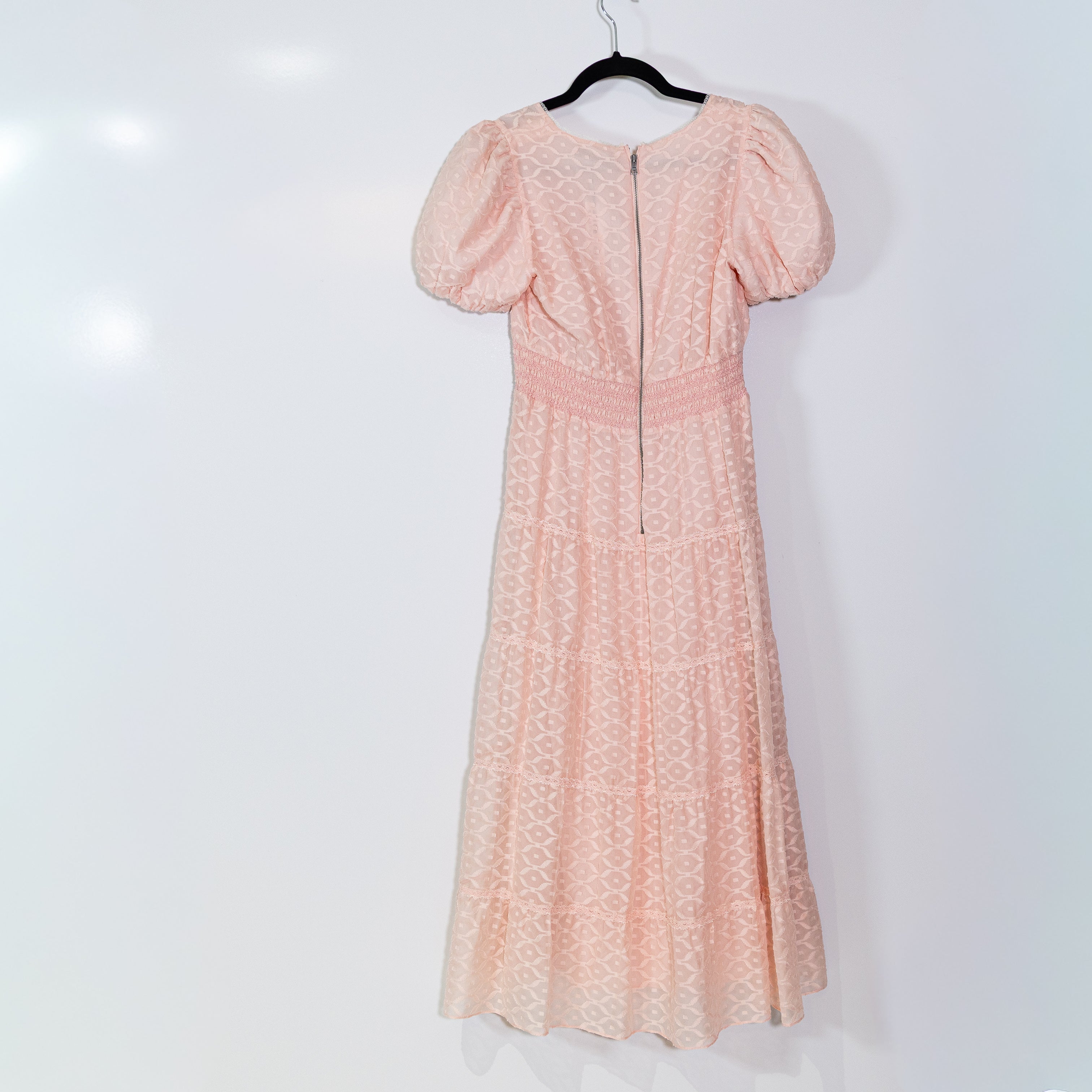 NEW Alice + Olivia Tia Puff Sleeved Silk Chiffon Smocked Dress English Rose Pink