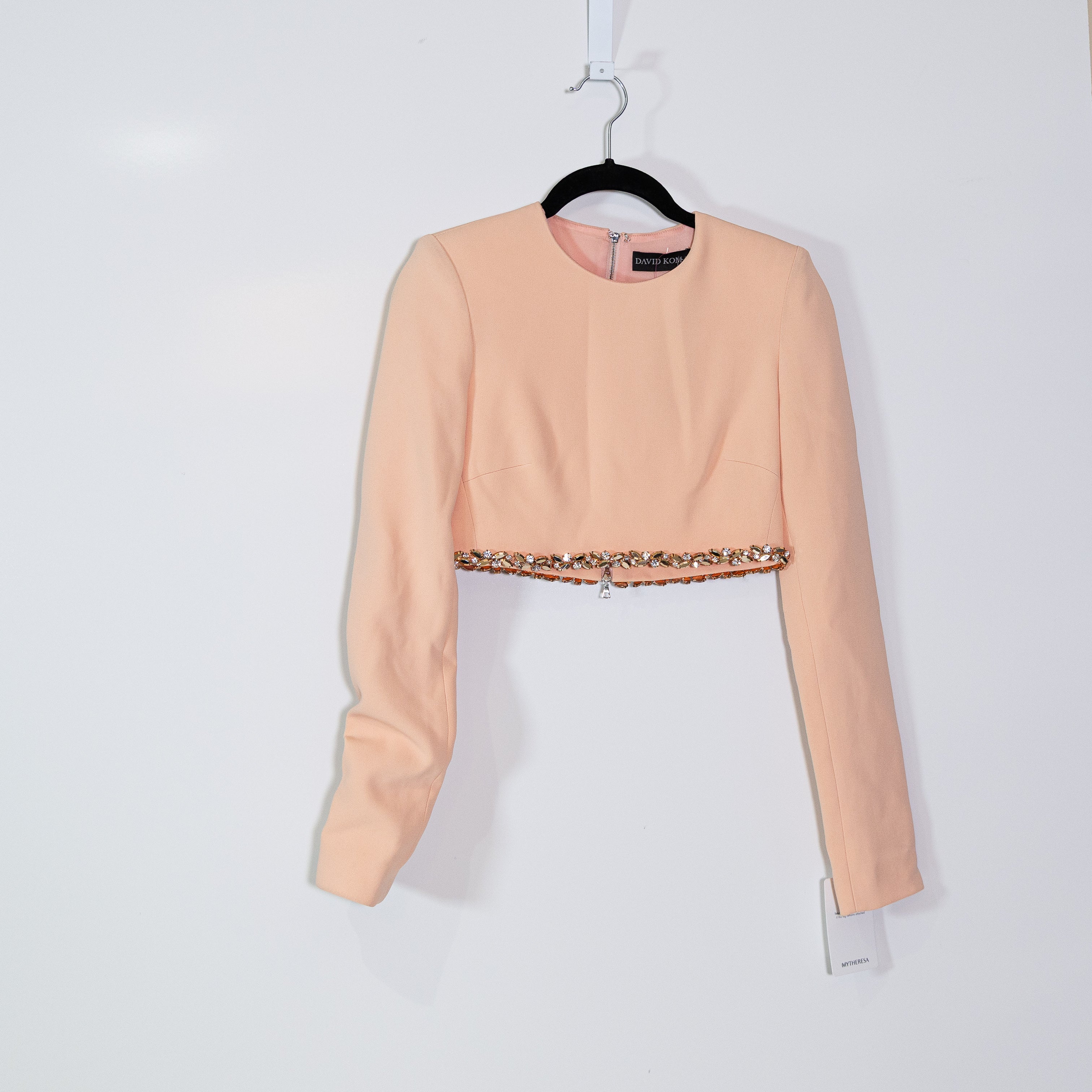 NEW David Koma Cady Long Sleeve Crystal Jewel Embellished Trip Crop Top Peach 6