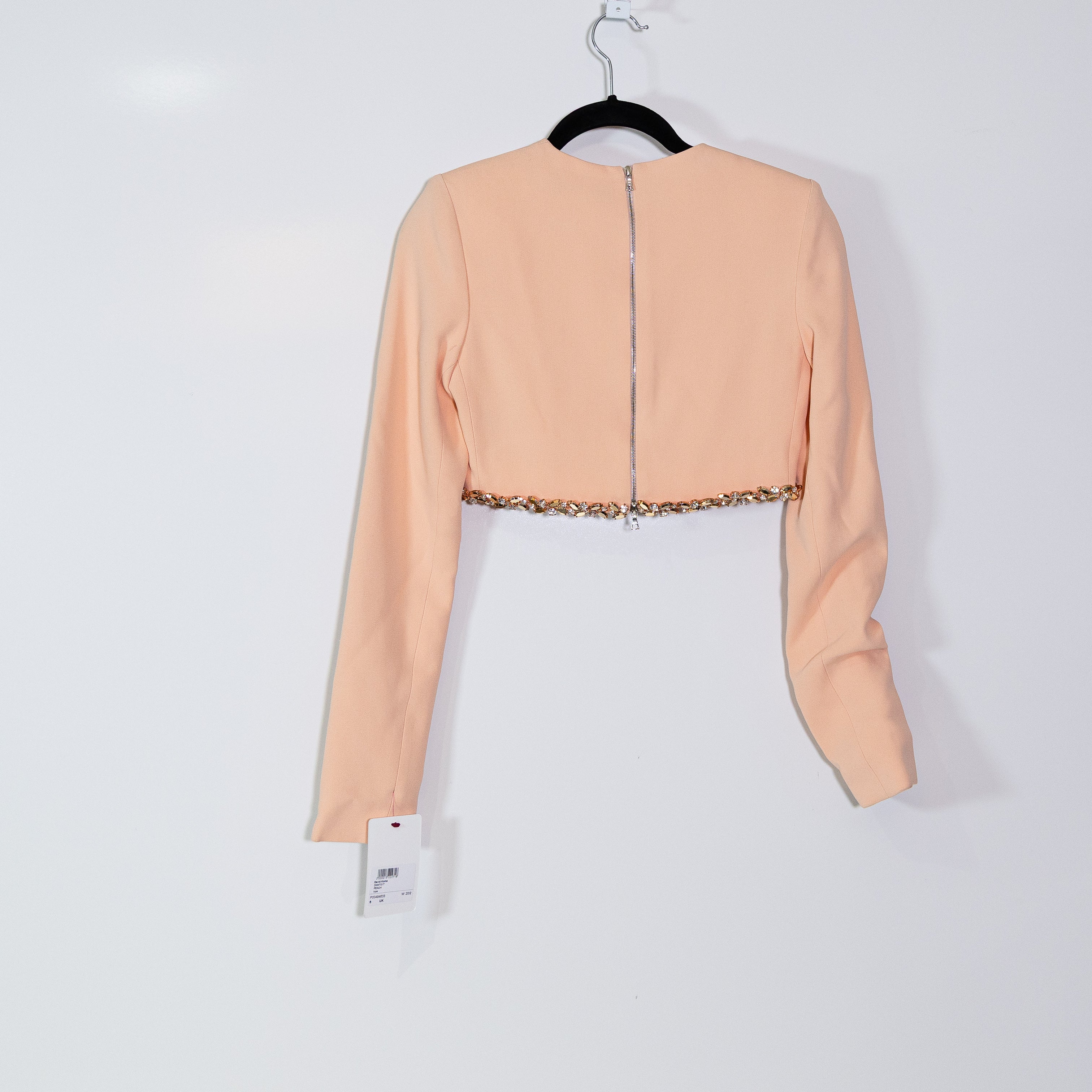 NEW David Koma Cady Long Sleeve Crystal Jewel Embellished Trip Crop Top Peach 6