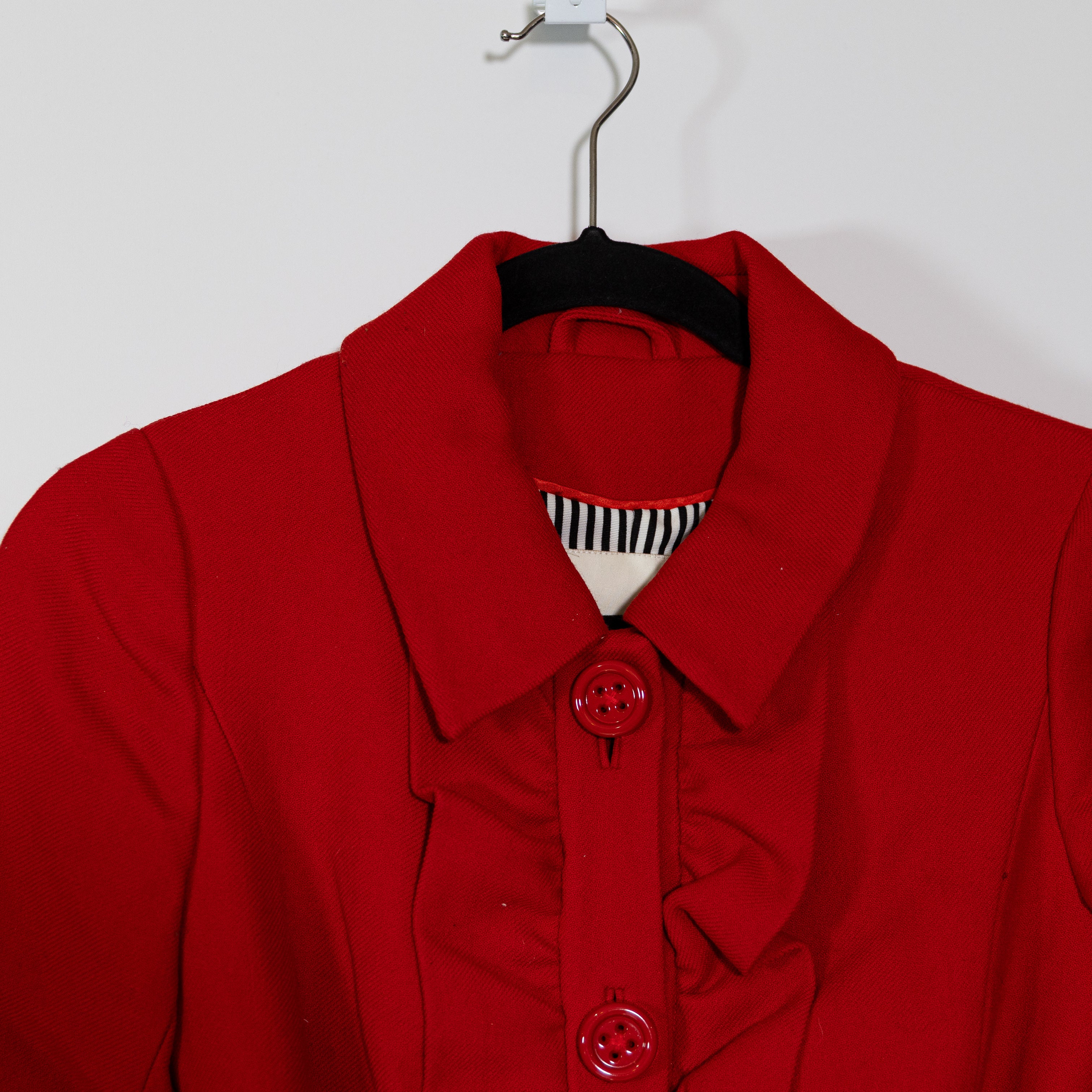 Kate Spade Red Wool Ruffle Button Front Trench Coat Jacket Solid Red 0