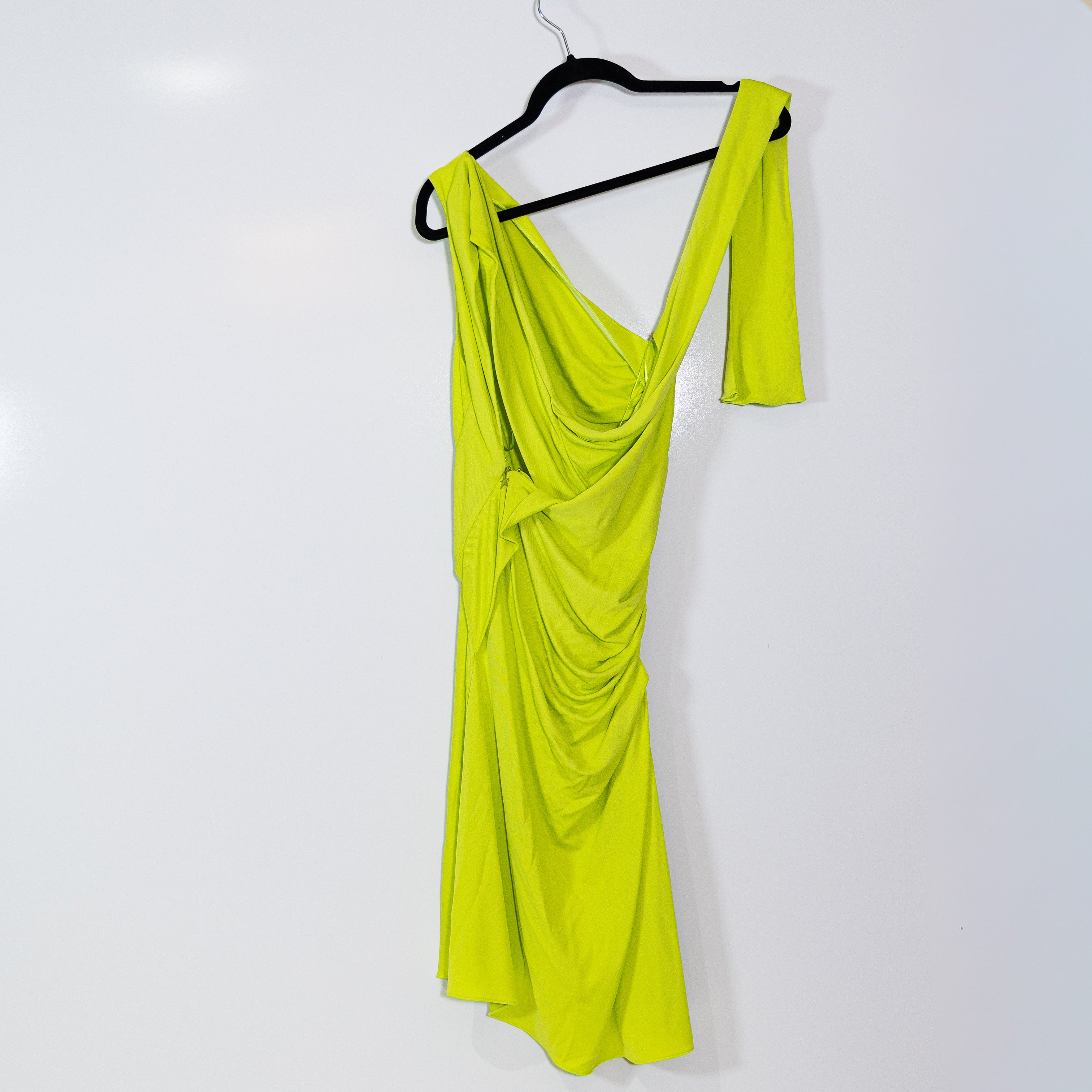 NEW Mugler Stretch Knit Neck Tie One Sleeve Ruched Bodycon Mini Dress Lime Green