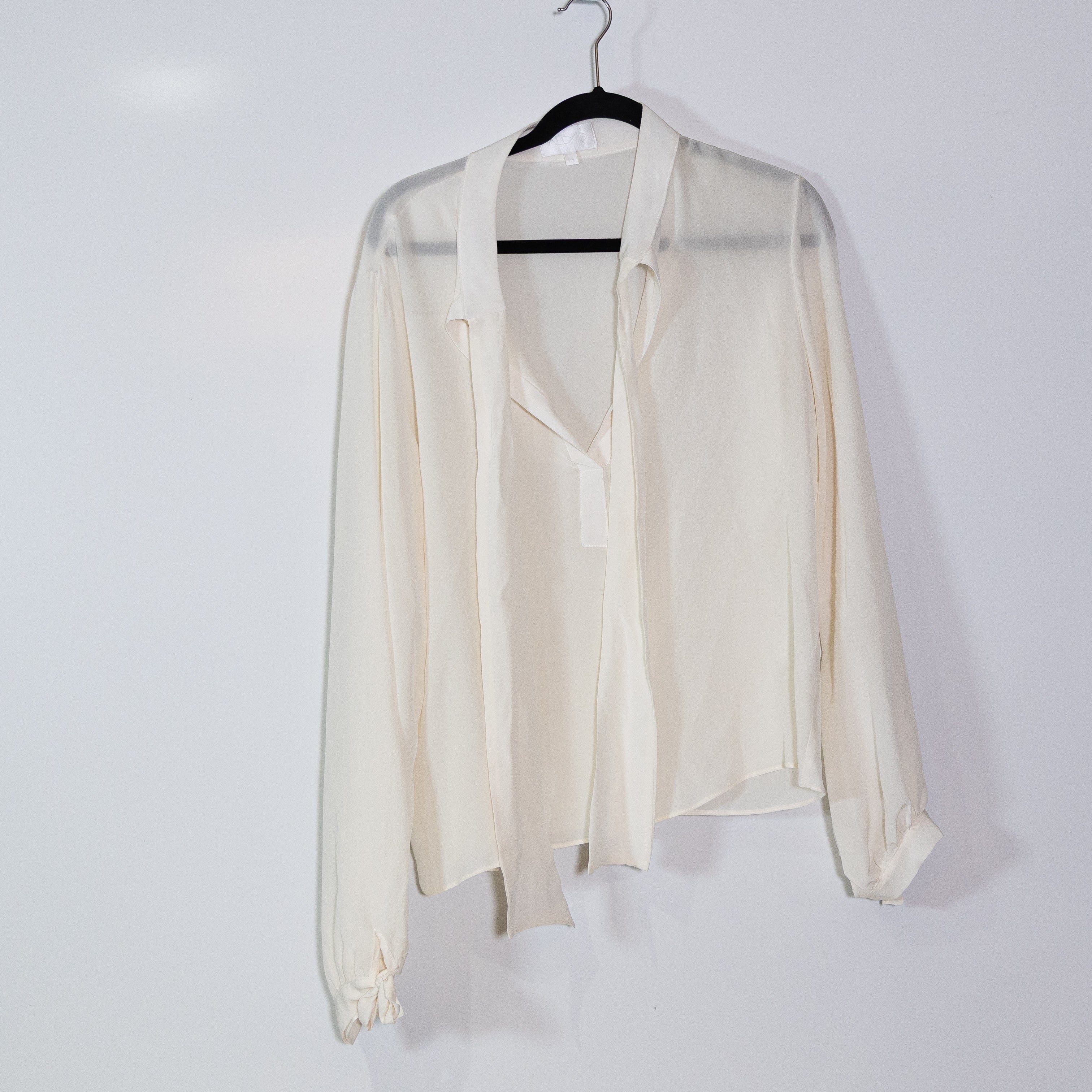 Alexis Silk Chiffon V Neck Tie Neck Long Sleeve Blouse Shirt Top White Medium