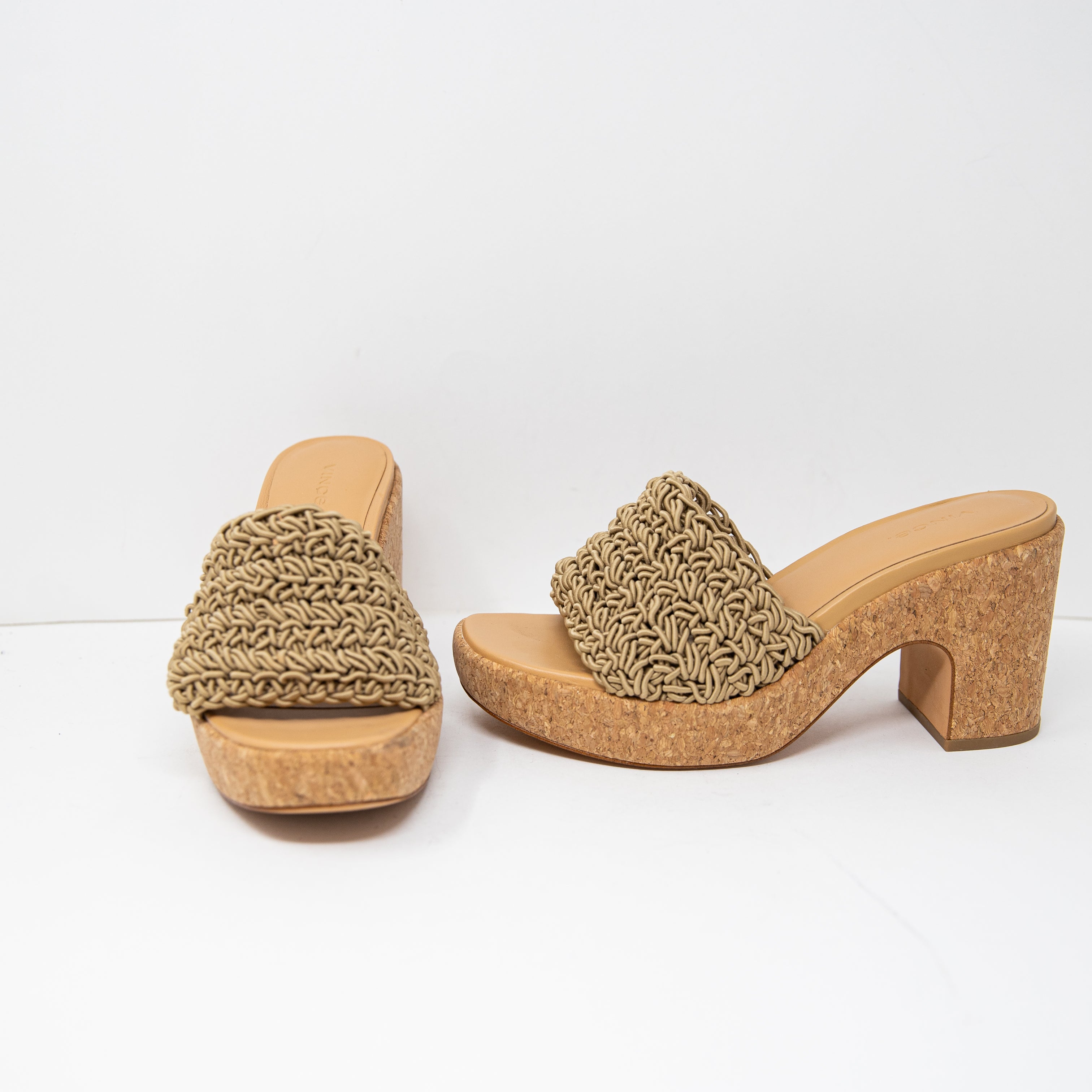 Vince Women's Nicki Crochet Platform Sandal Cork High Heel Open Toe Shoes Sand 9