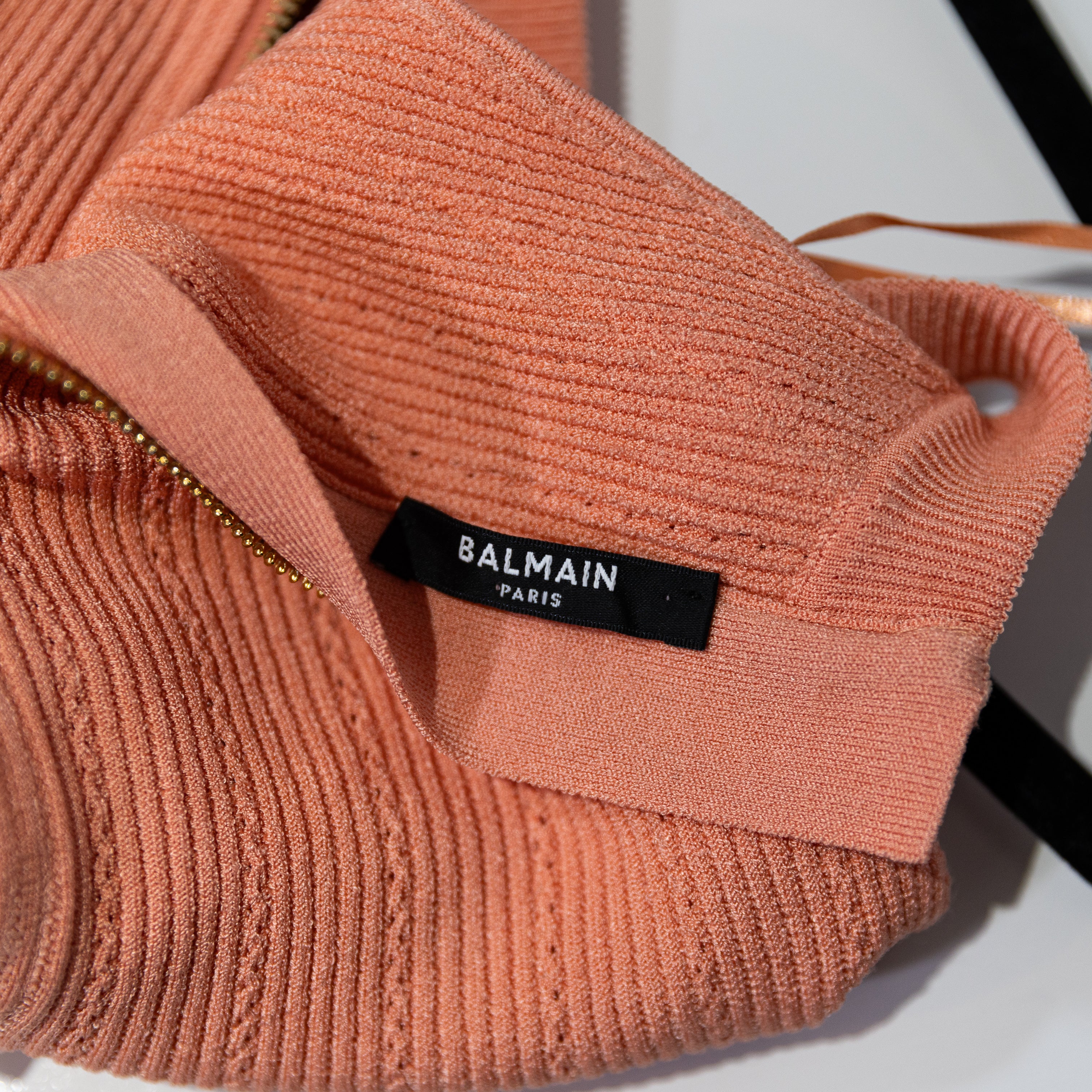 Balmain Ribbed Sweater Knit Stretch High Neck Button Detail Pullover Mini Dress