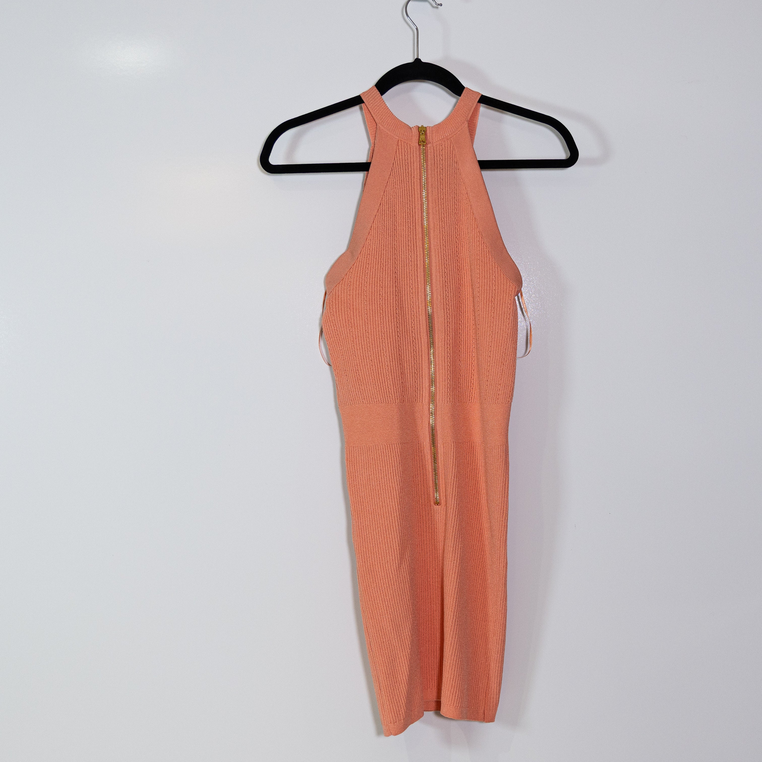 Balmain Ribbed Sweater Knit Stretch High Neck Button Detail Pullover Mini Dress