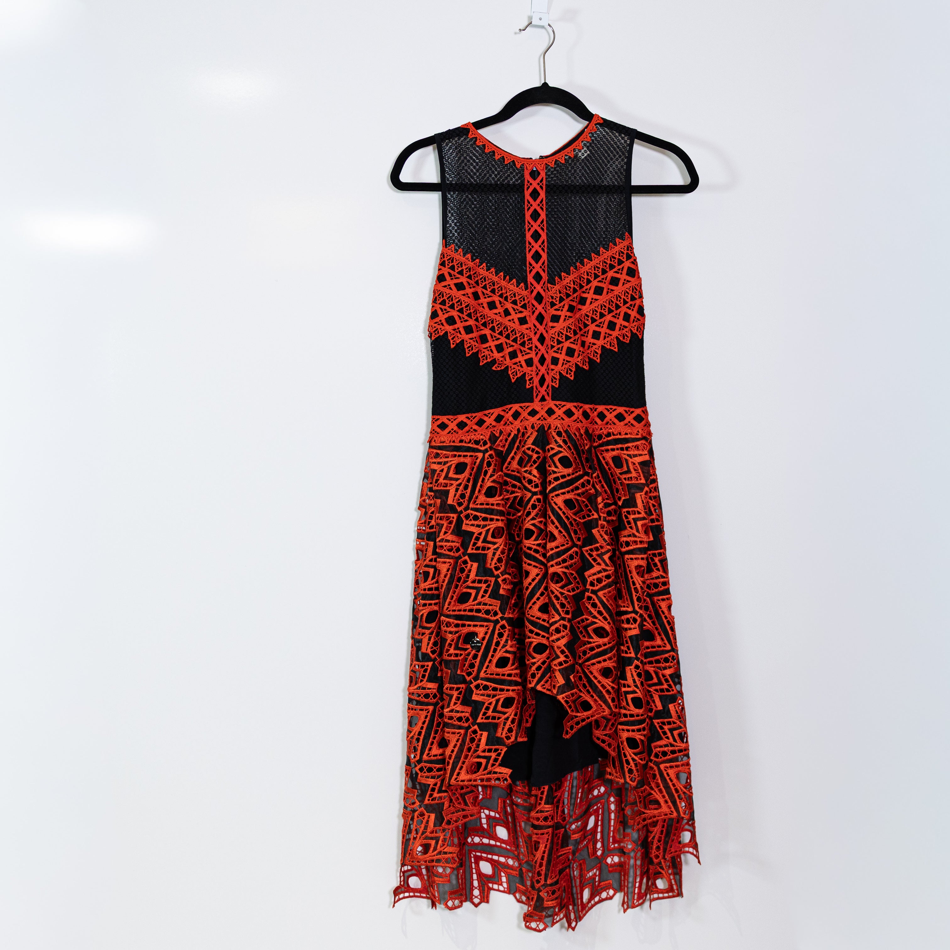 Jonathan Simkhai Red Black Lace Semi Sheer High Low Hem Midi Pullover Dress 6