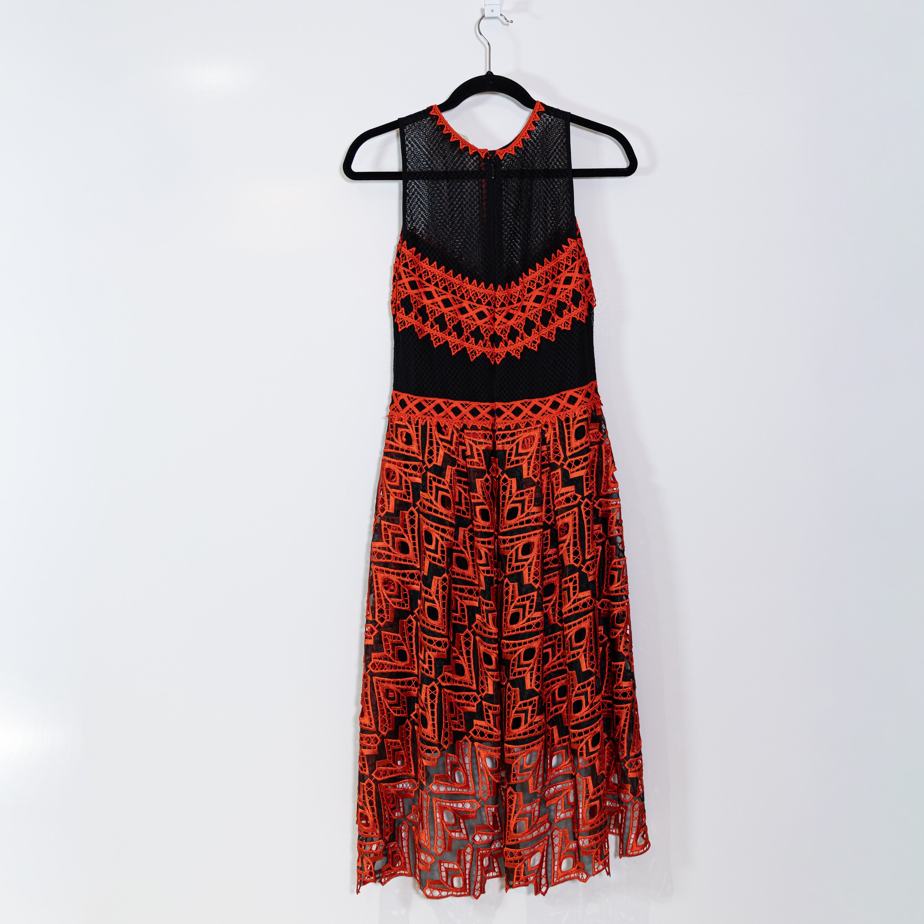 Jonathan Simkhai Red Black Lace Semi Sheer High Low Hem Midi Pullover Dress 6