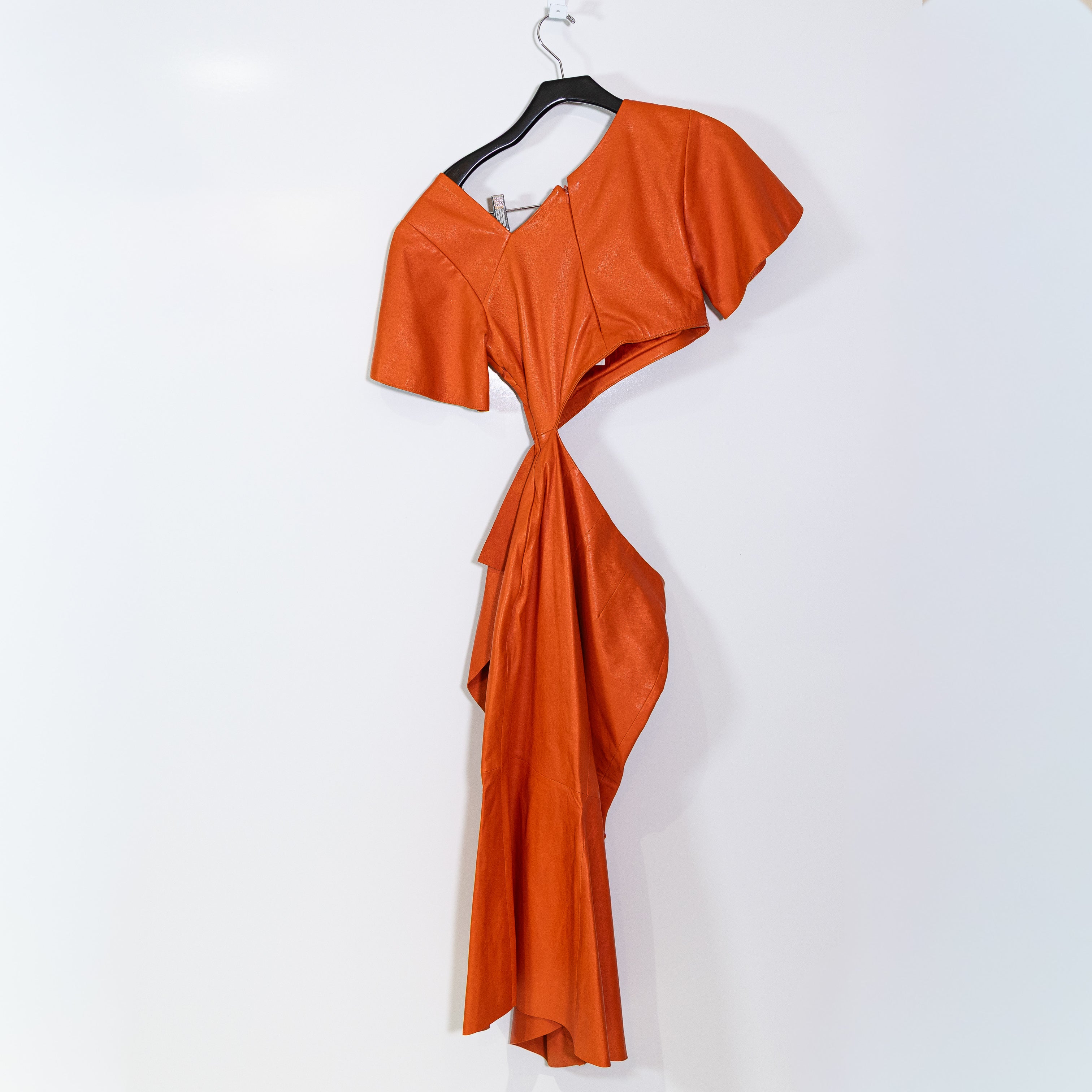 NEW Nour Hammour Genuine Leather Asymmetrical Cut Out Midi Dress Orange Small