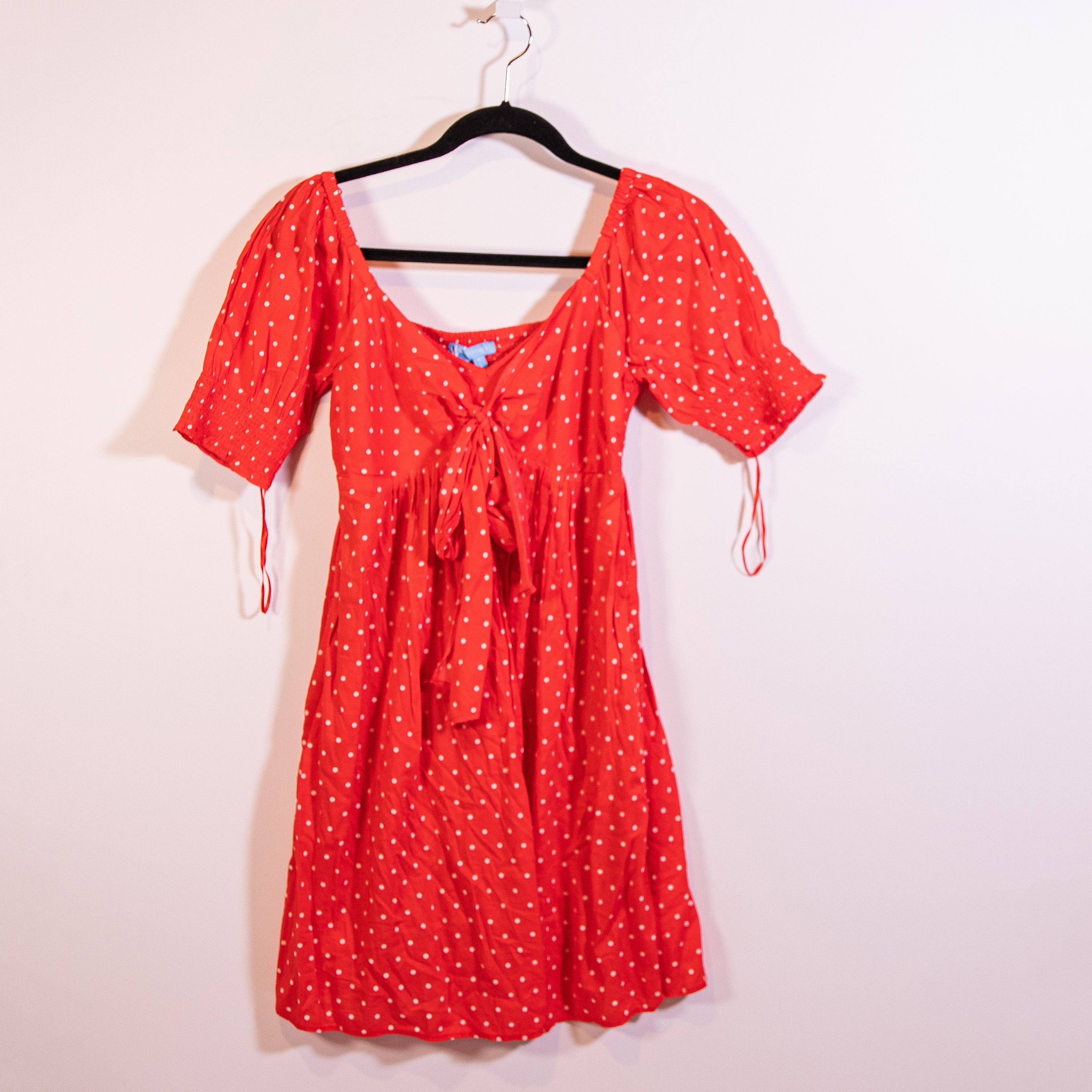 NEW Draper James Tie Front Short Sleeve Dress Lipstick Red White Multi Polka Dot