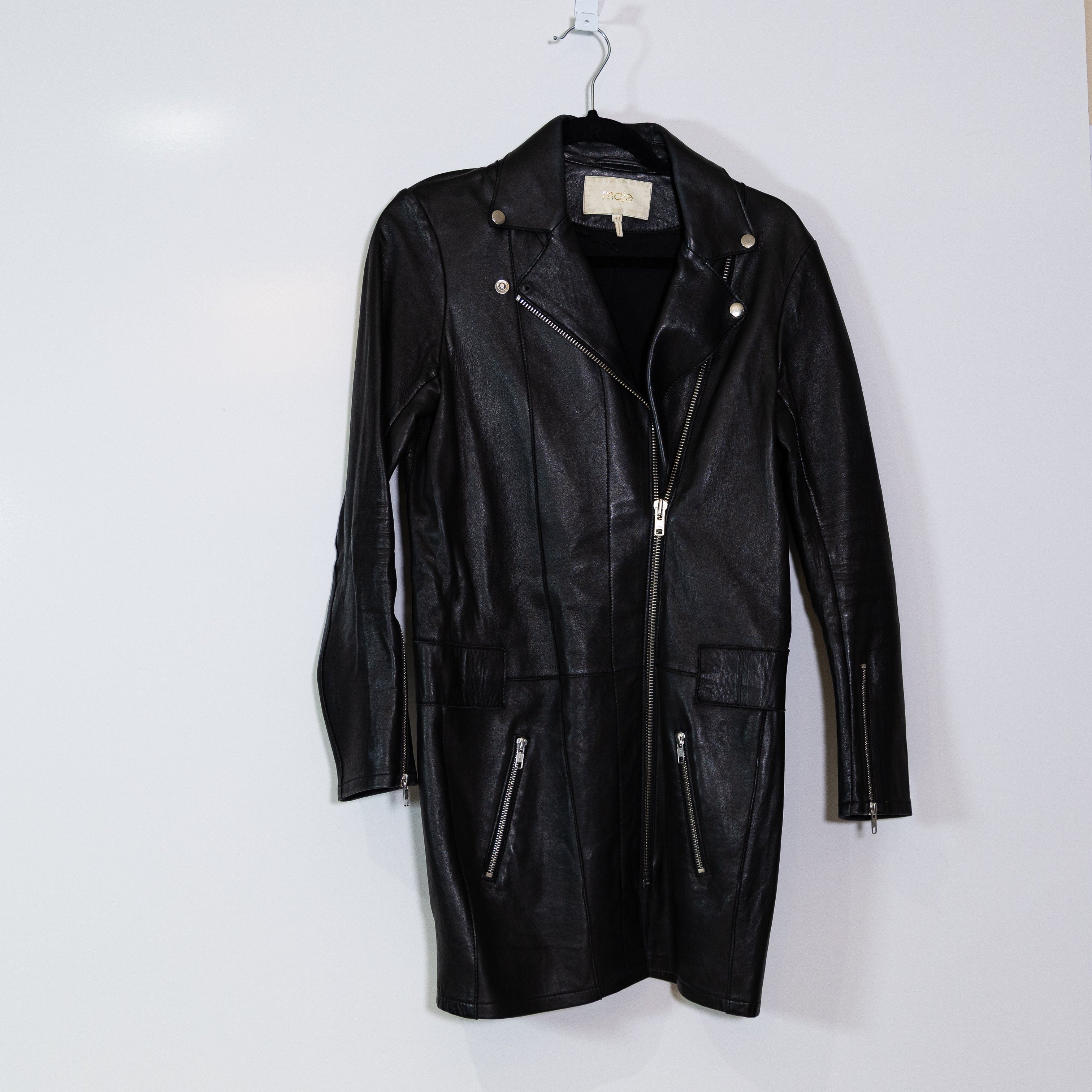 Maje Women's Genuine Leather Asymmetrical Full Zip Mini Coat Jacket Dress Black