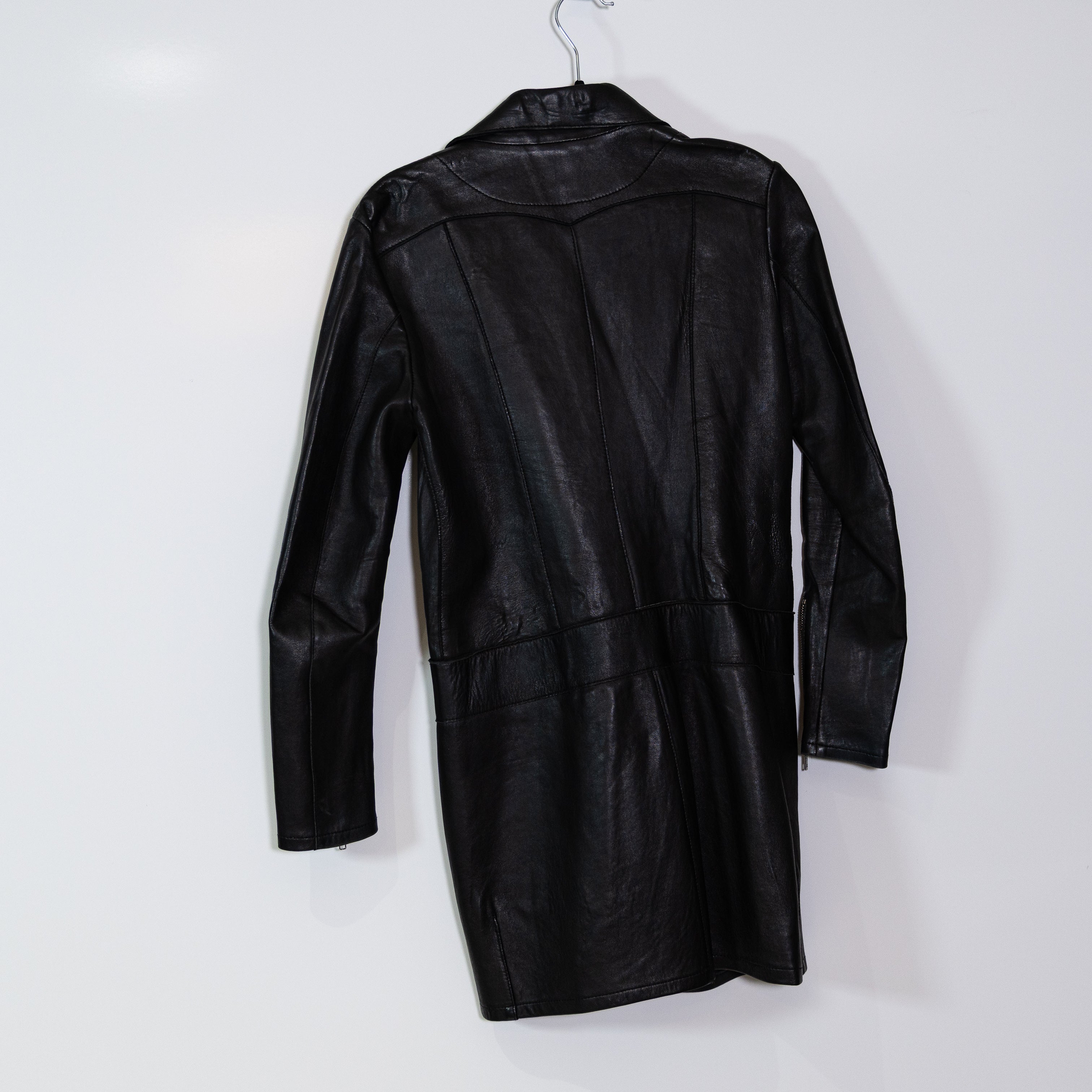 Maje Women's Genuine Leather Asymmetrical Full Zip Mini Coat Jacket Dress Black