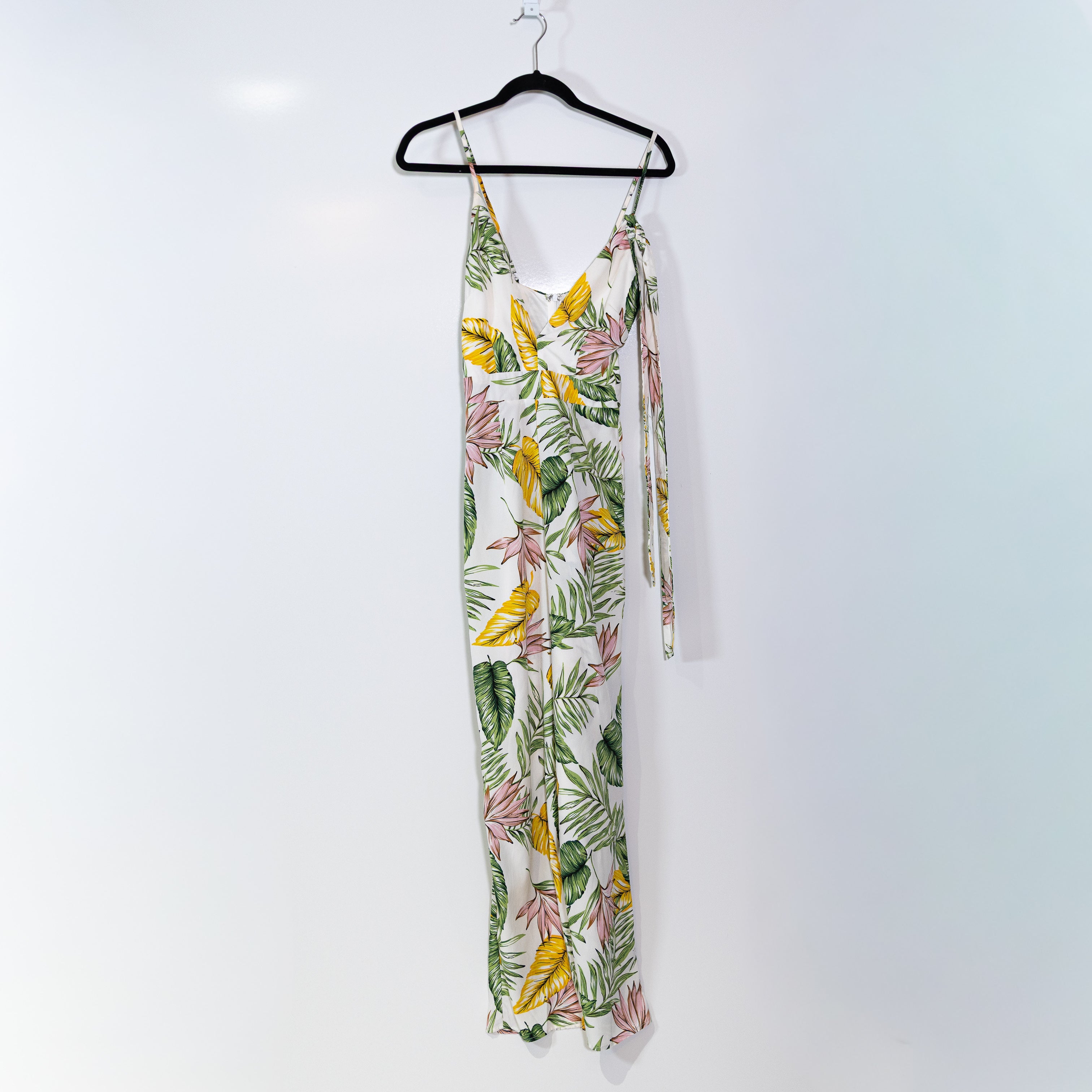 Superdown Kiki Tie Waist Deep V Neck One Piece Chiffon Jumpsuit White Tropical