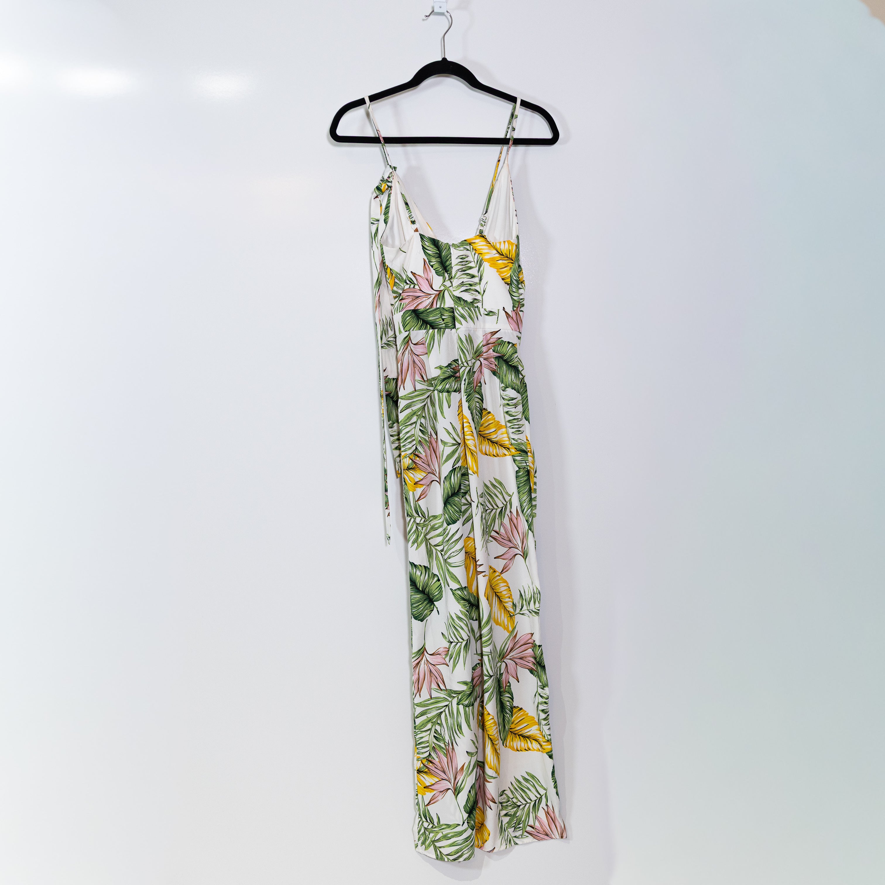 Superdown Kiki Tie Waist Deep V Neck One Piece Chiffon Jumpsuit White Tropical