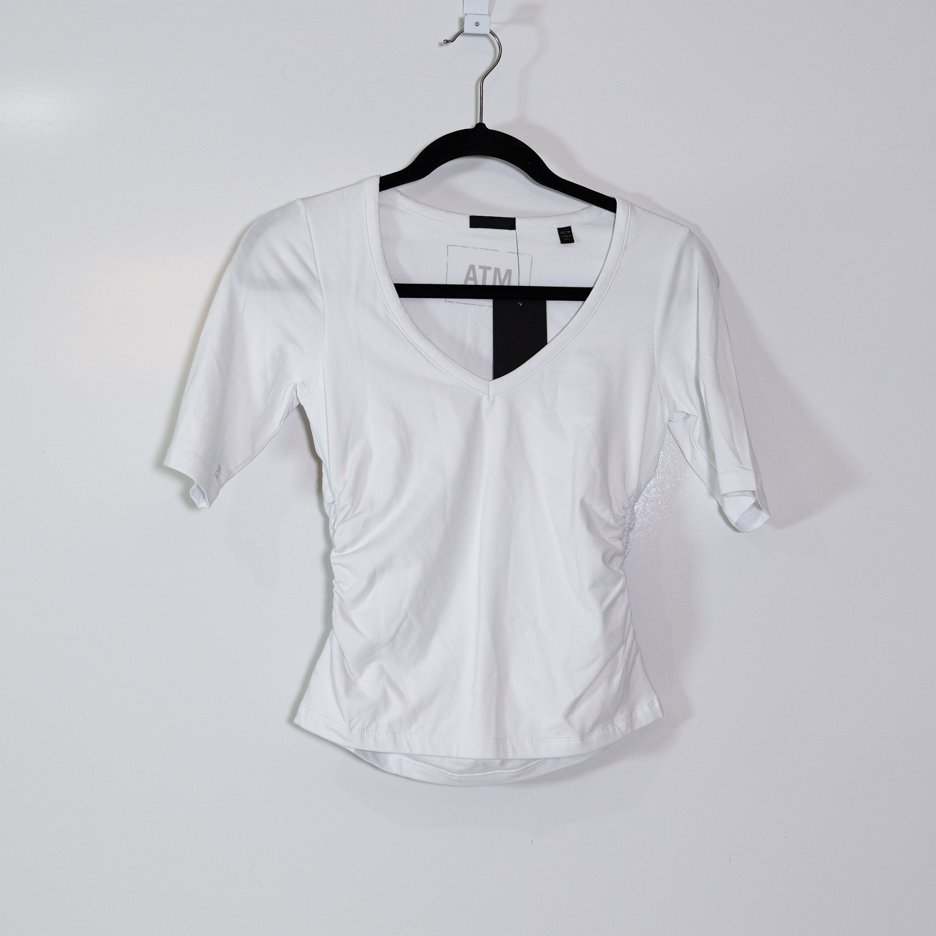 NEW ATM Anthony Thomas Melillo Ruched V Neck Cotton Stretch Tee Shirt White XS