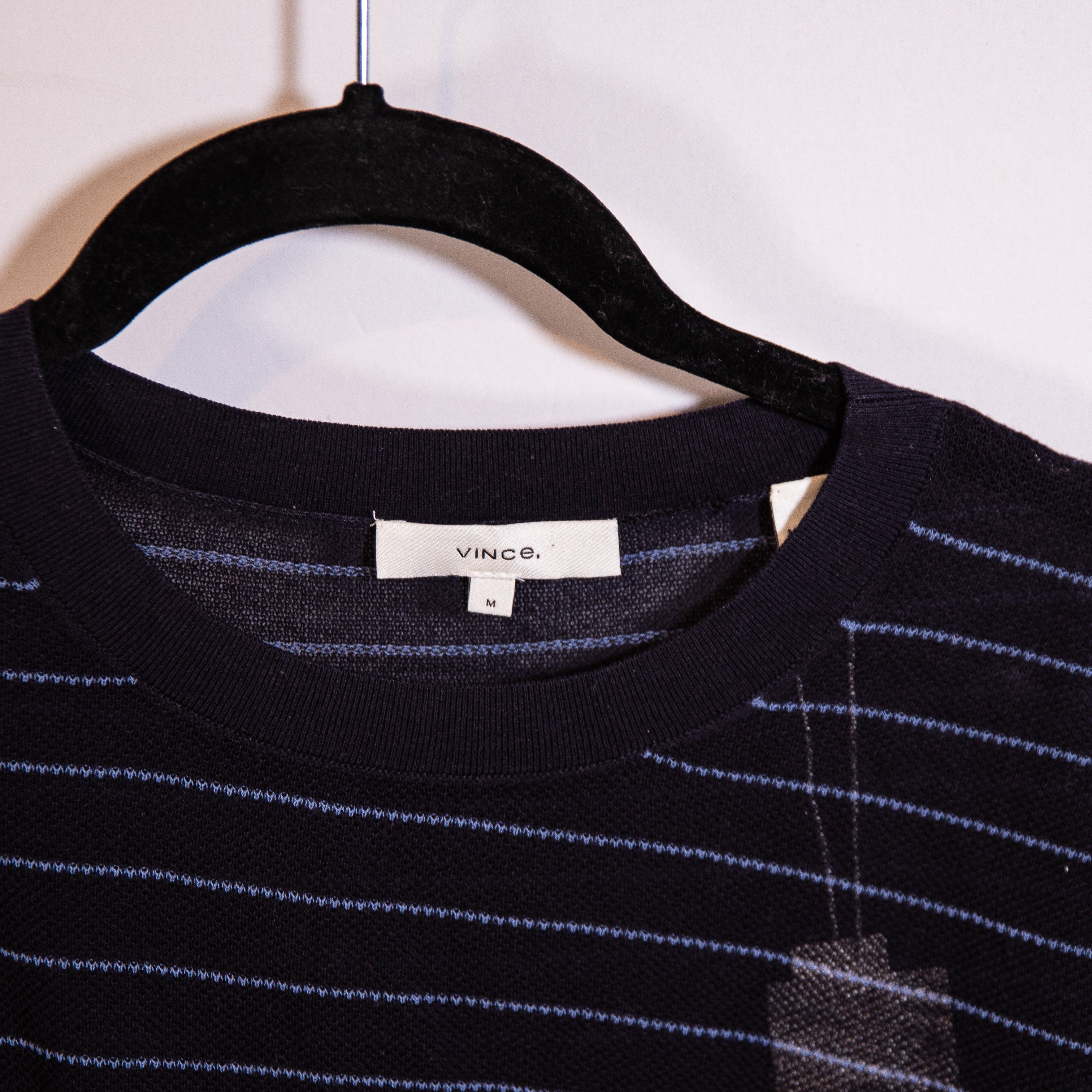 NEW Vince Crew Neck Cotton Knit Quarter Sleeve Pullover Stripe Sweater Blue M