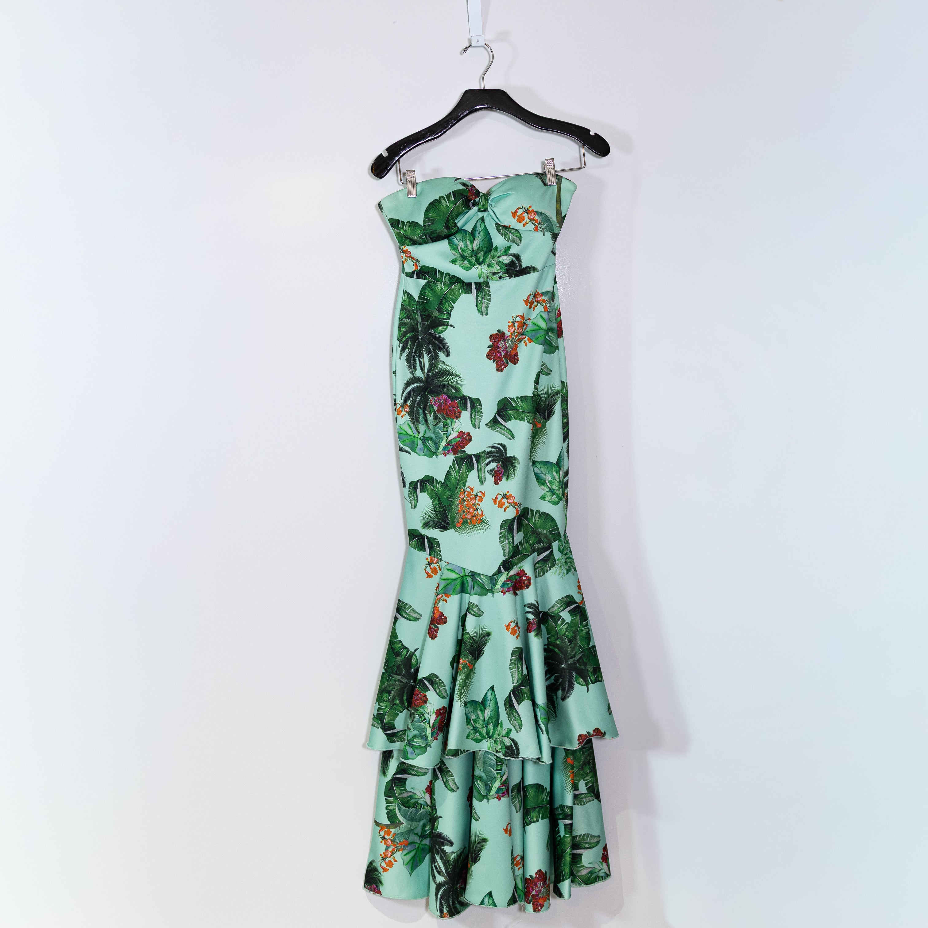 Meghan Los Angeles Strapless Ruffle Tropical Print Pattern Ponte Midi Dress S