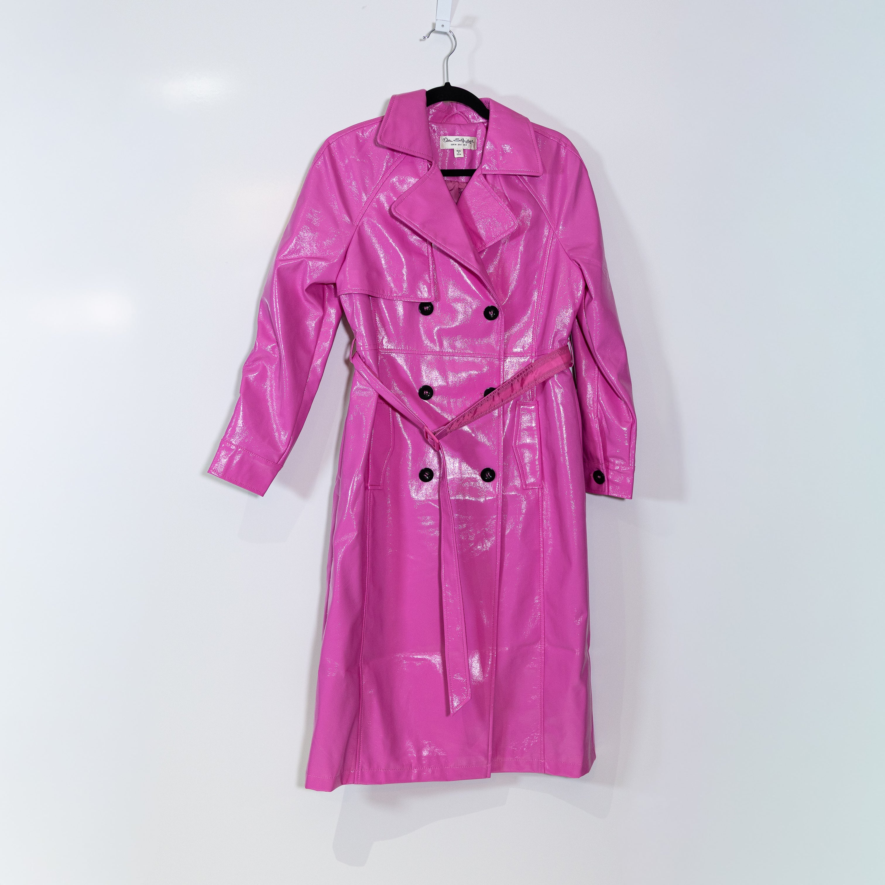 Miss Selfridge Vinyl Faux Leather Double Breasted Belted Trench Coat Bright Pink