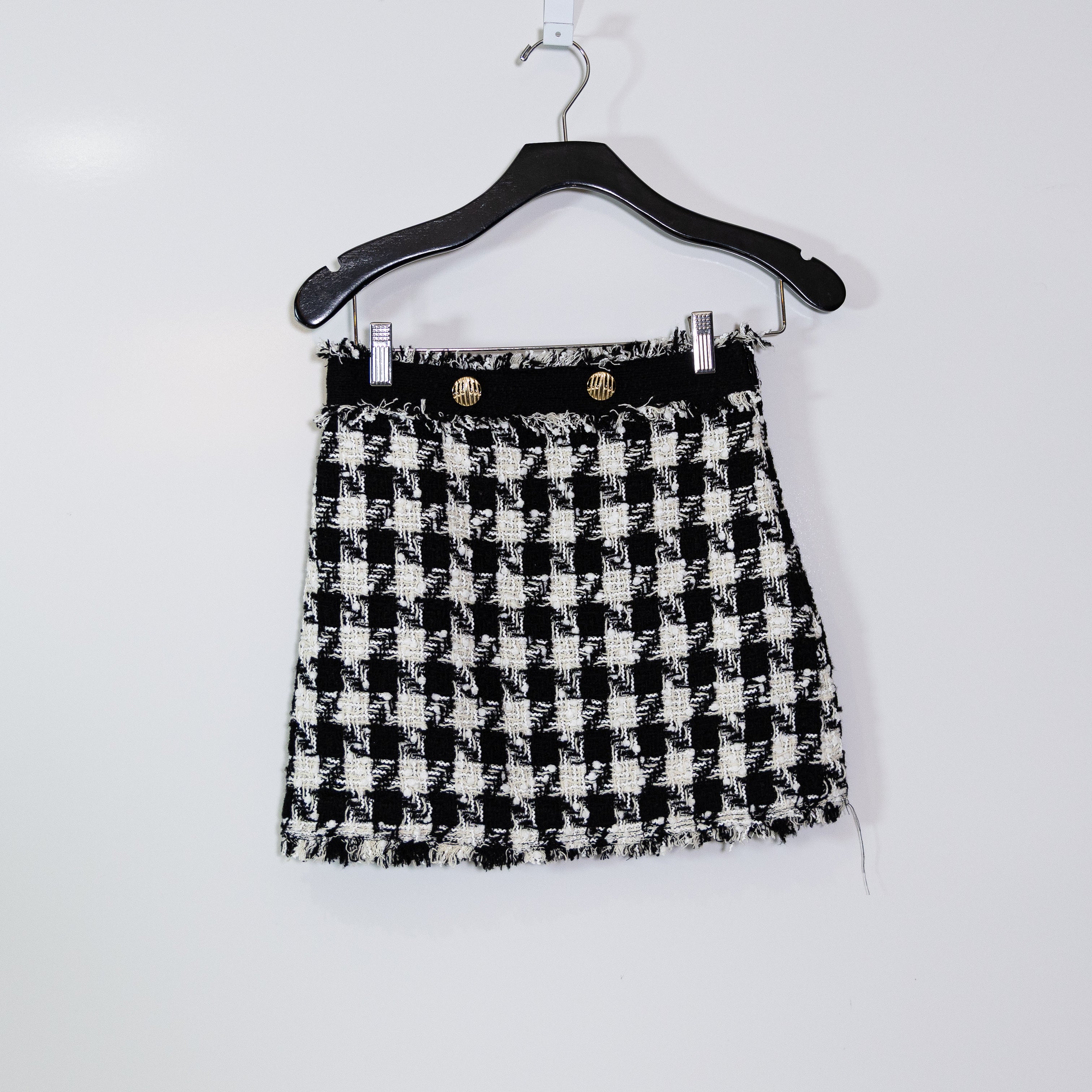 Zara Black White Gingham Check Plaid Textured Knit Woven Mini Skirt XS