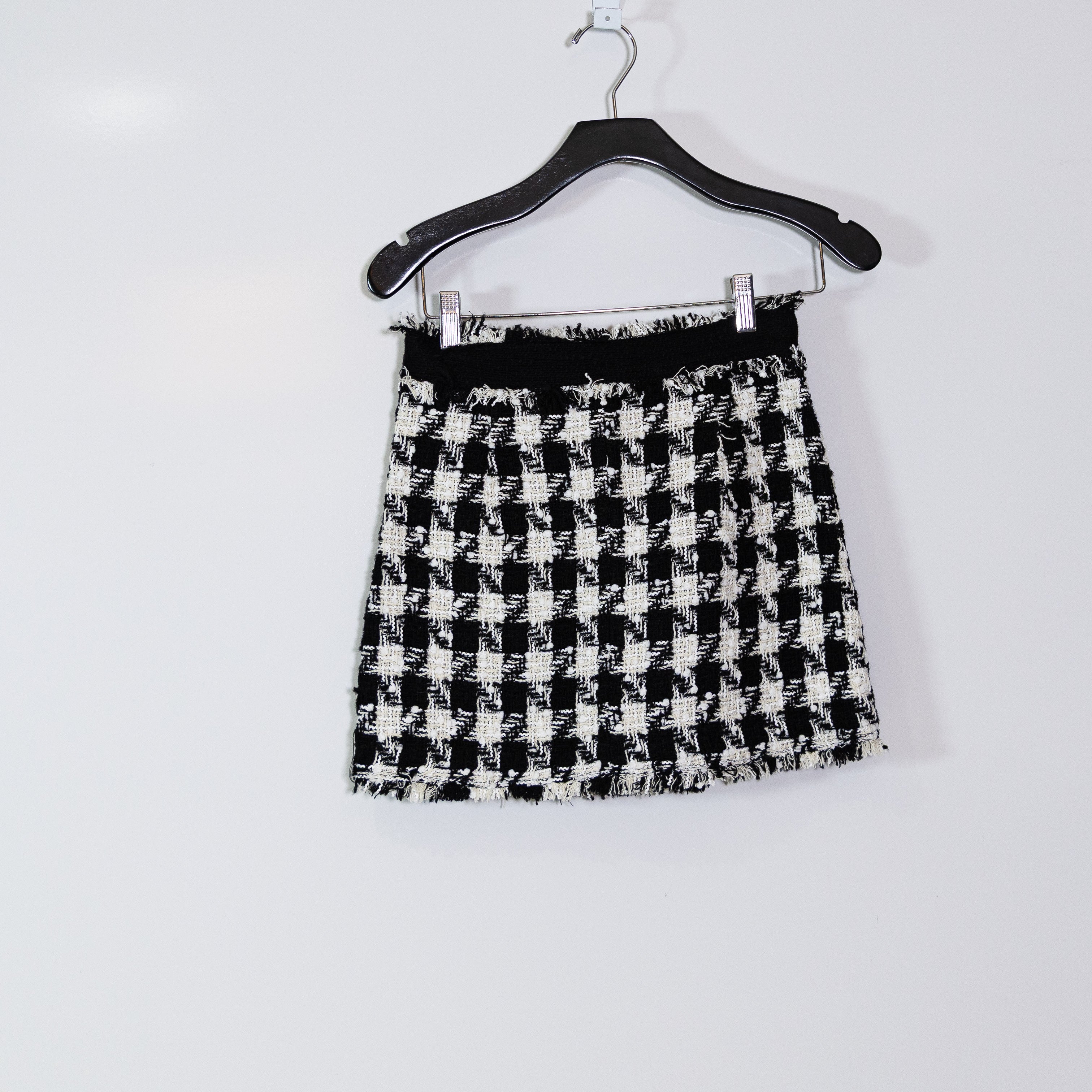 Zara Black White Gingham Check Plaid Textured Knit Woven Mini Skirt XS