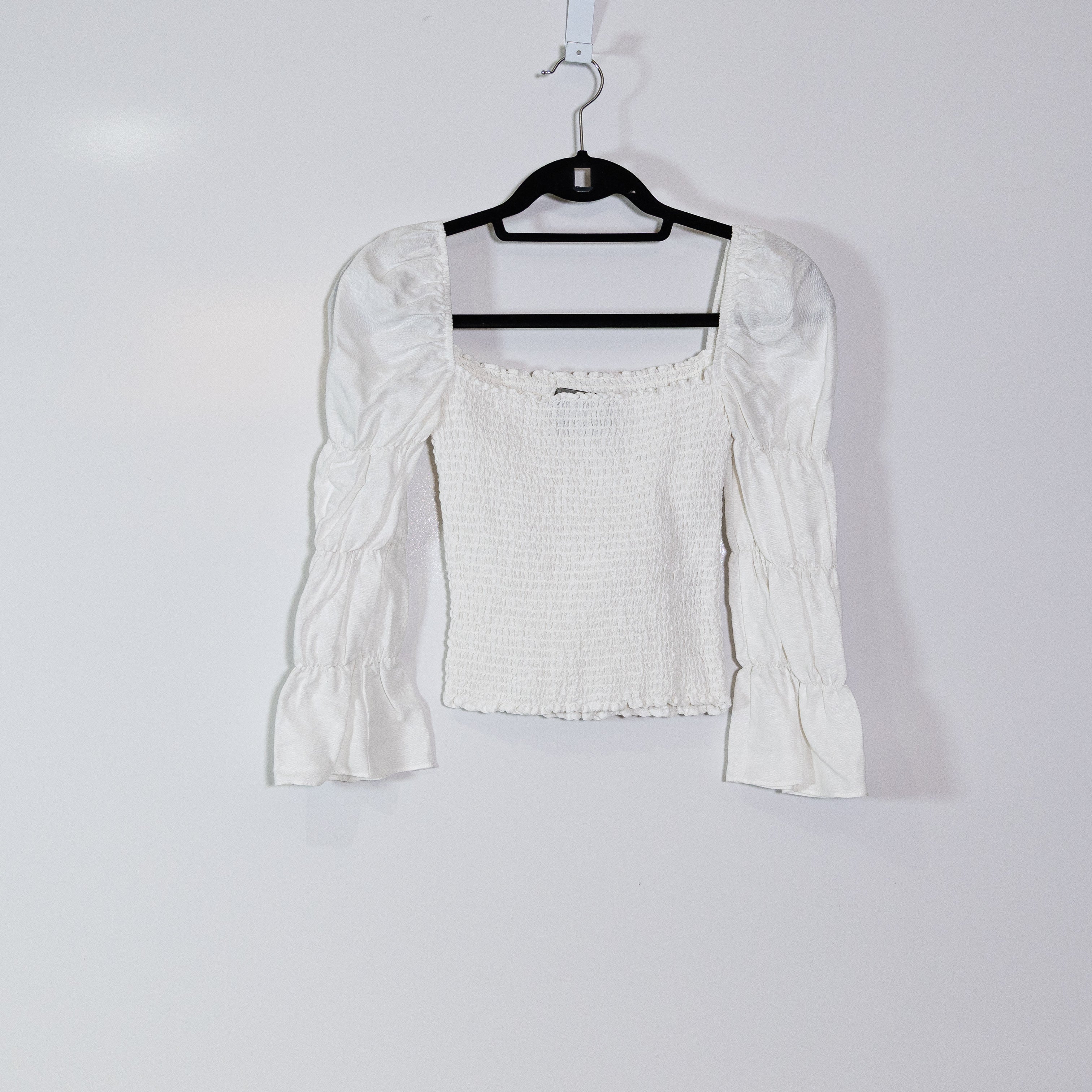 Reformation Gala Linen Blend Smocked Bodice Long Sleeve Square Neck Blouse Top